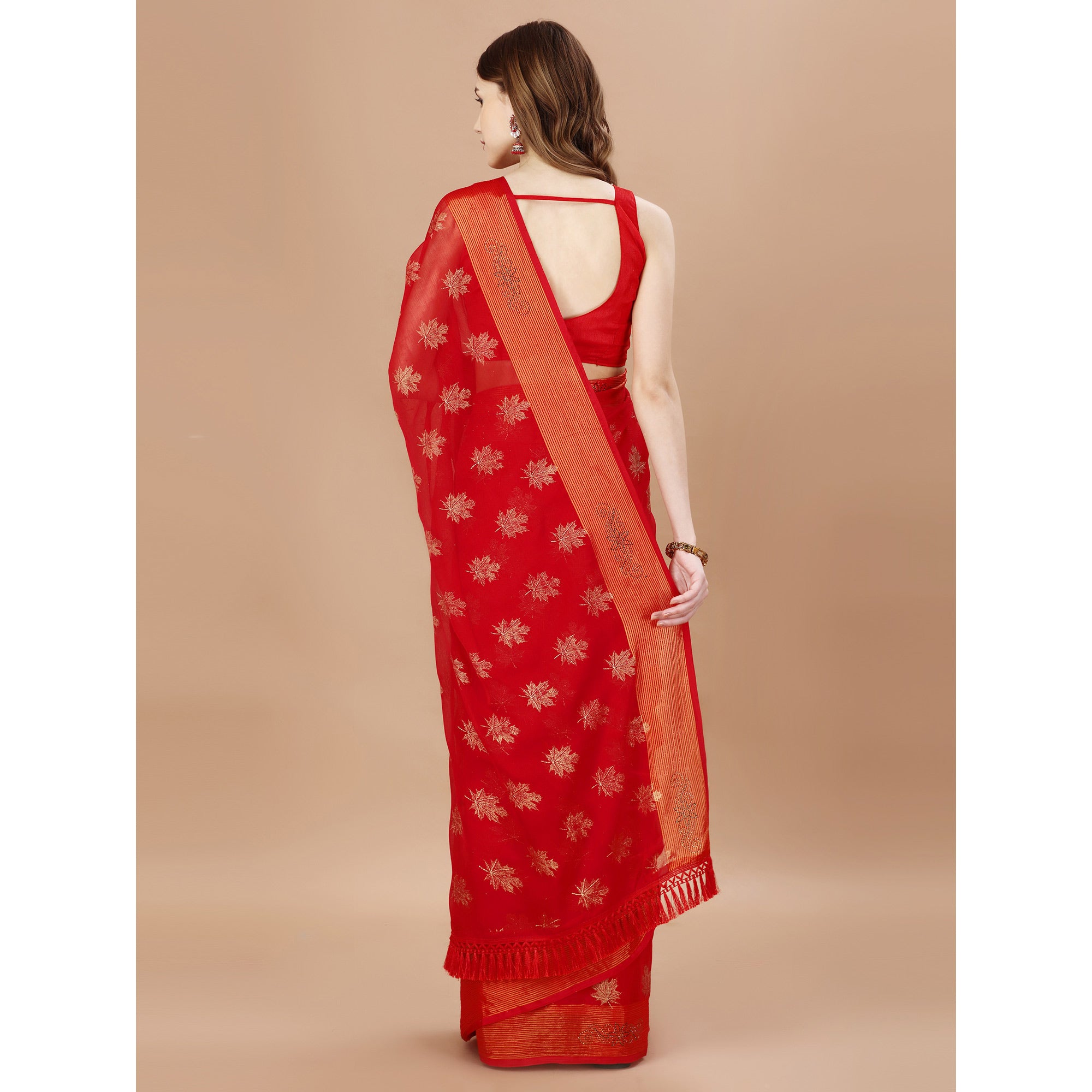 Red Zari Work Chiffon Saree With Tassels