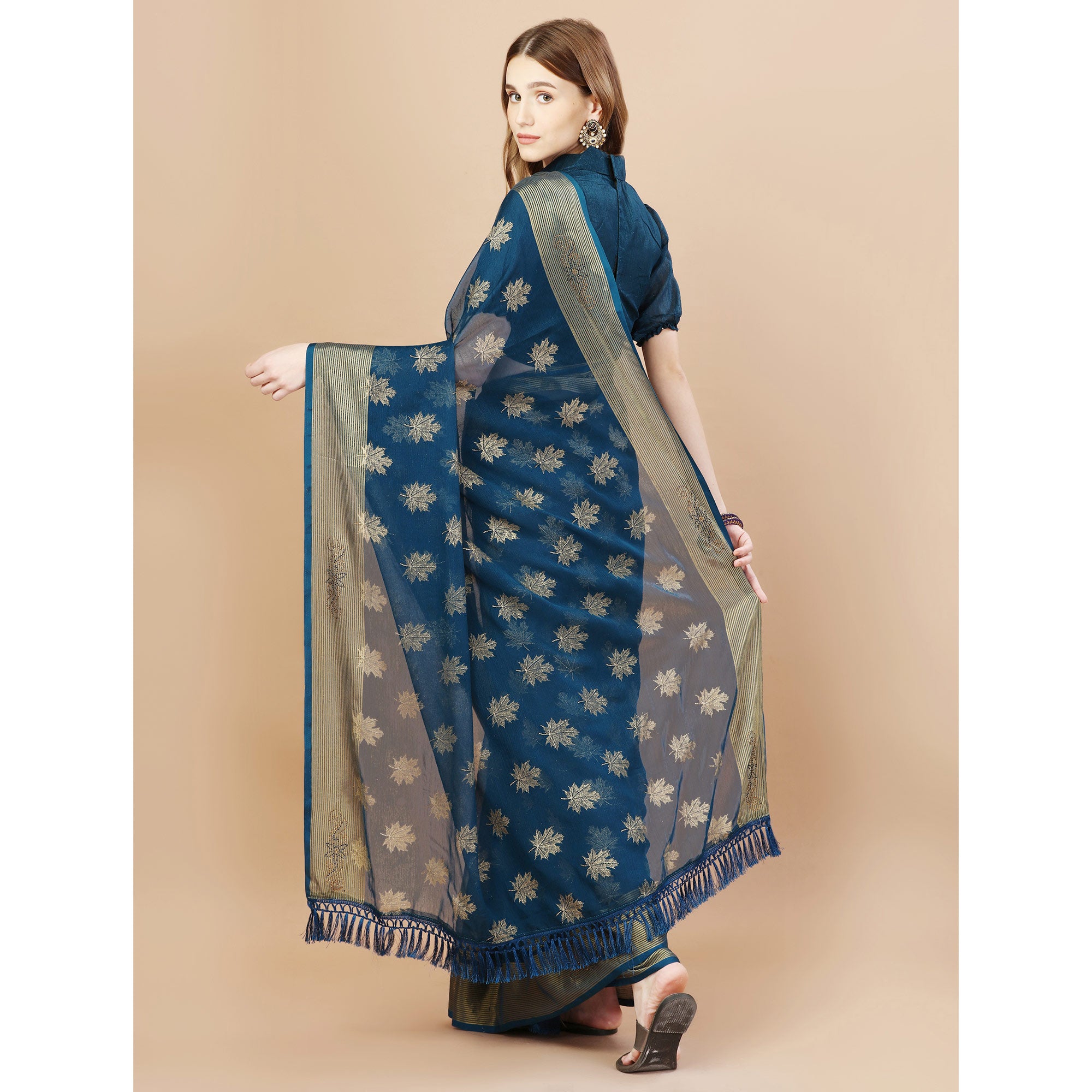 Teal Blue Zari Work Chiffon Saree With Tassels