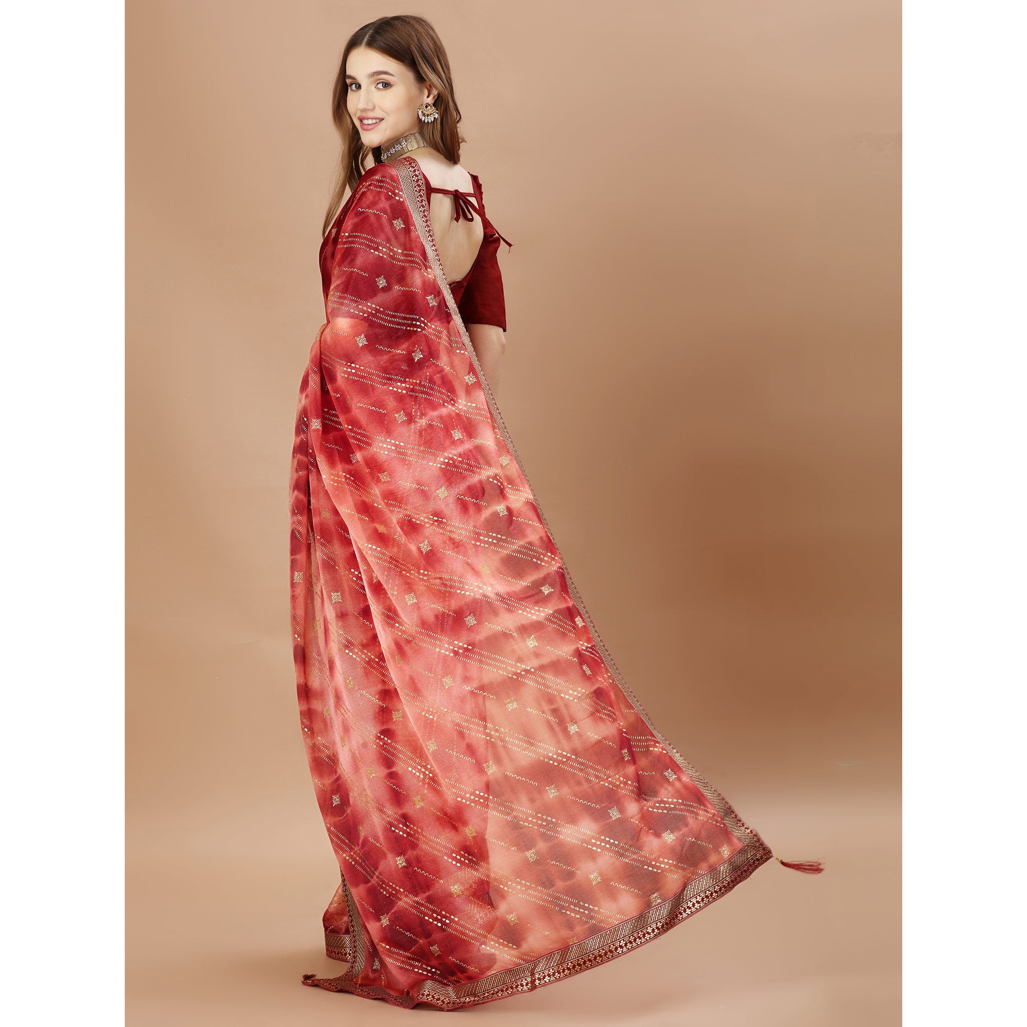 Red Zari Work Chiffon Saree Lace Border