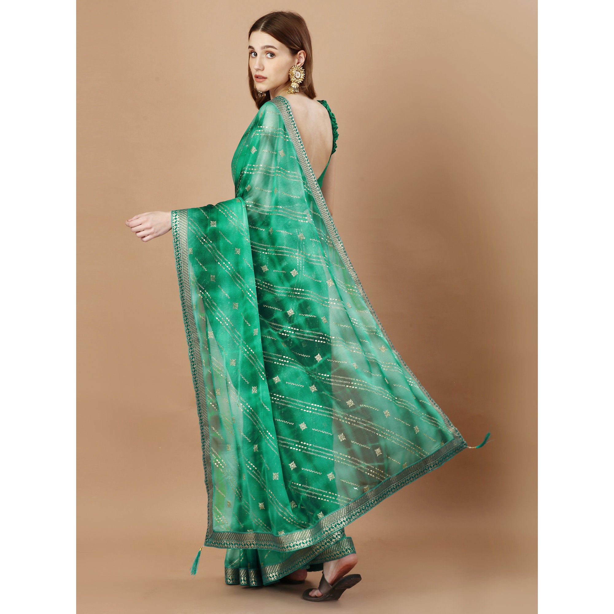 Green Zari Work Chiffon Saree Lace Border