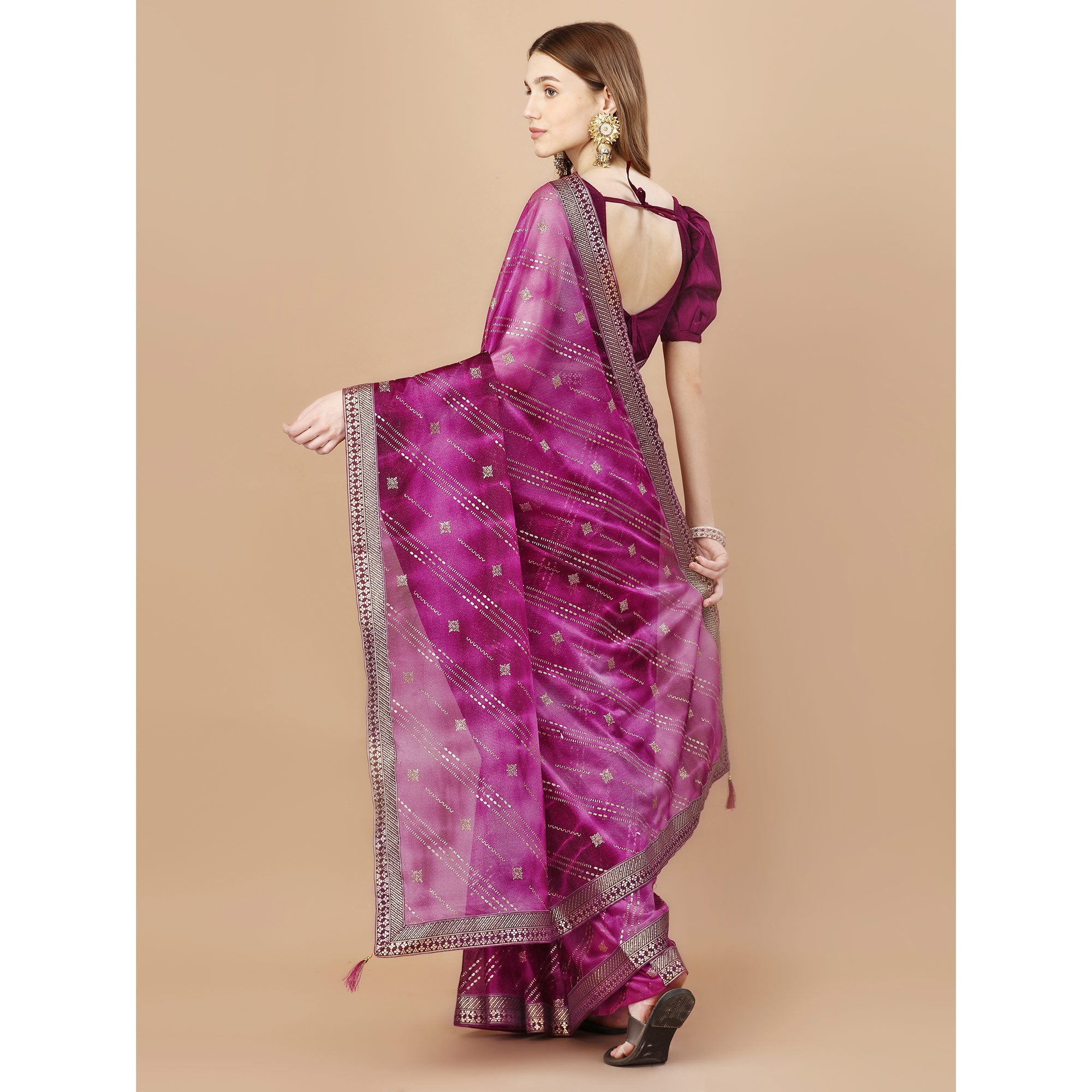 Purple Zari Work Chiffon Saree Lace Border