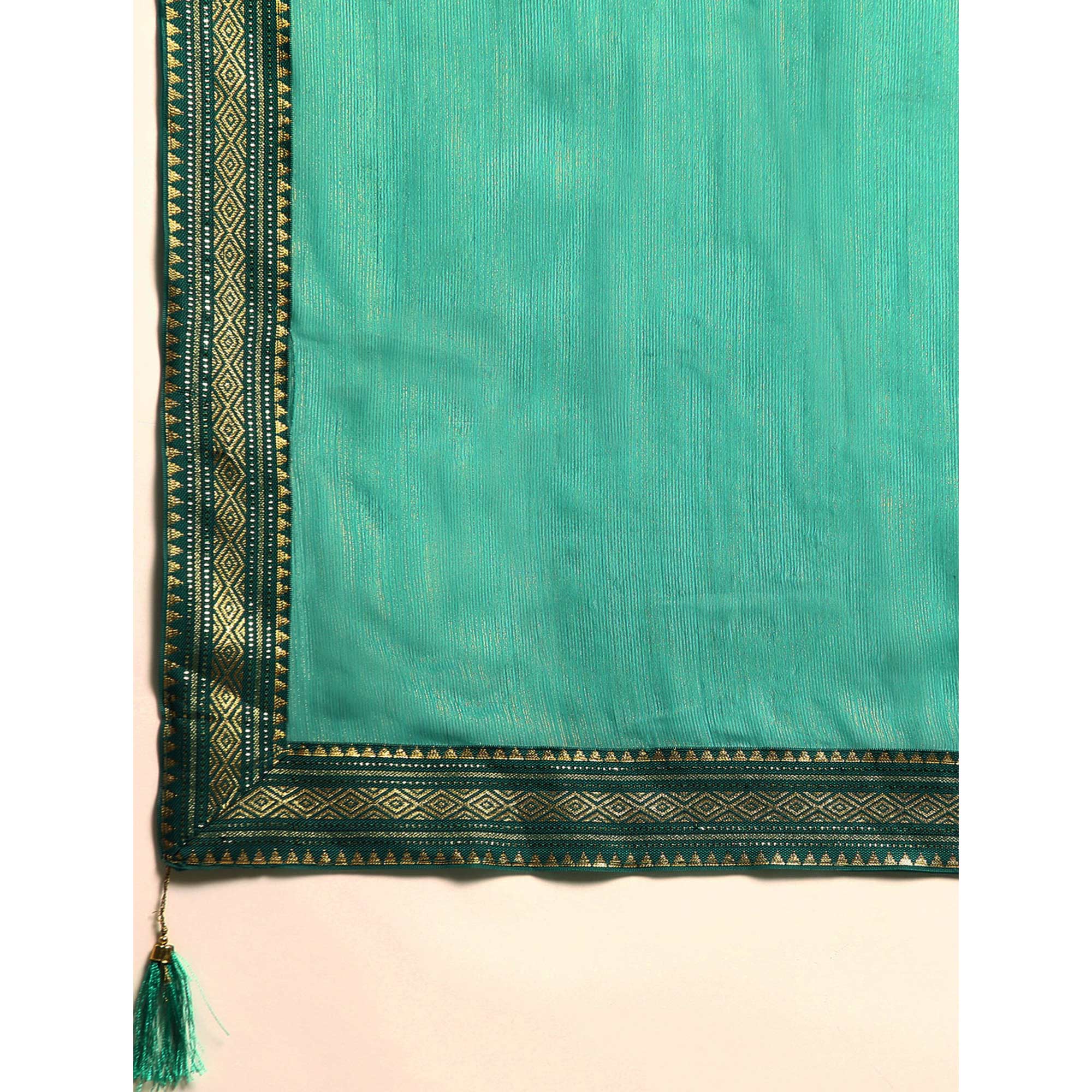 Turquoise Solid With Woven Border Chiffon Saree With Tassels