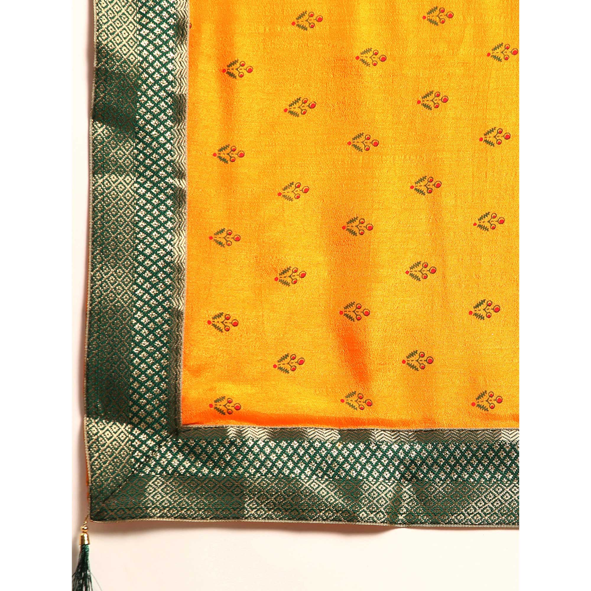 Yellow Floral Printed Vichitra Silk Saree With Tassels