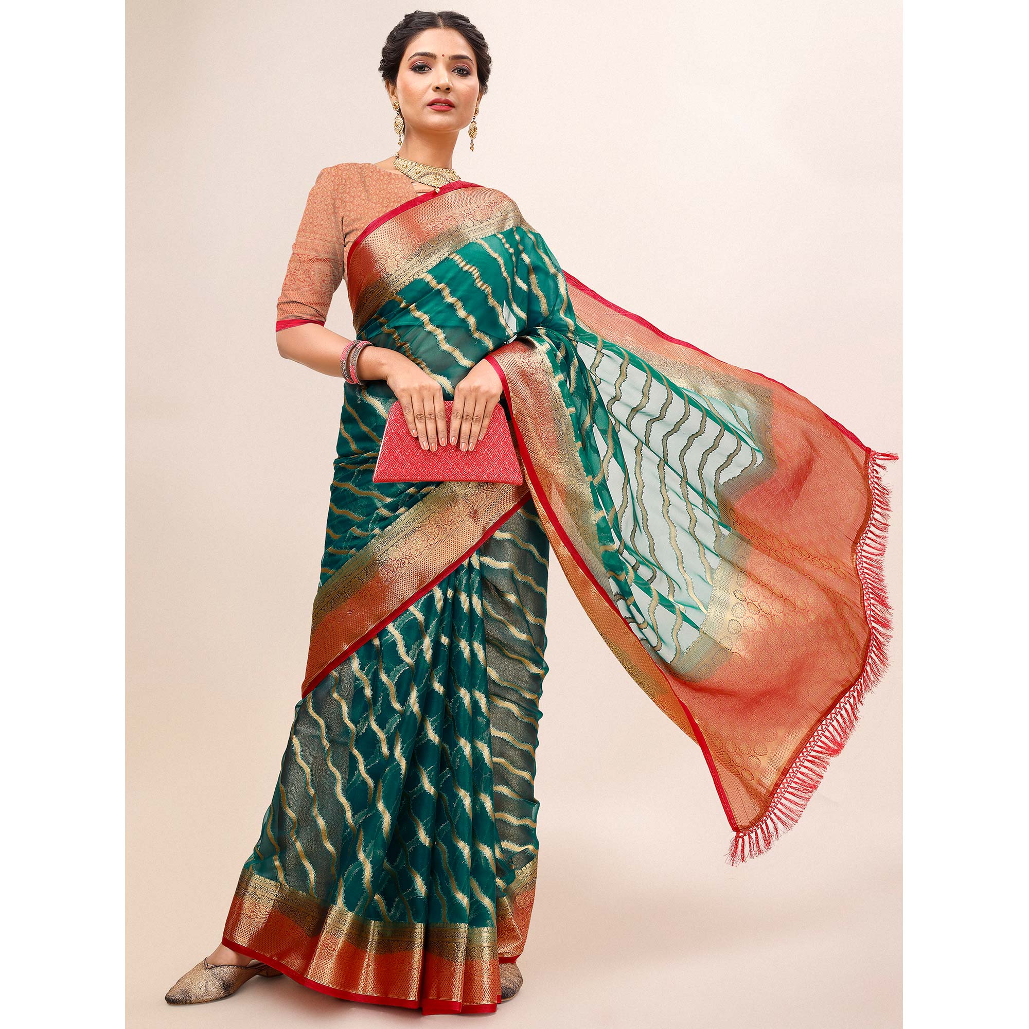Teal Green Woven Organza Saree With Tassels