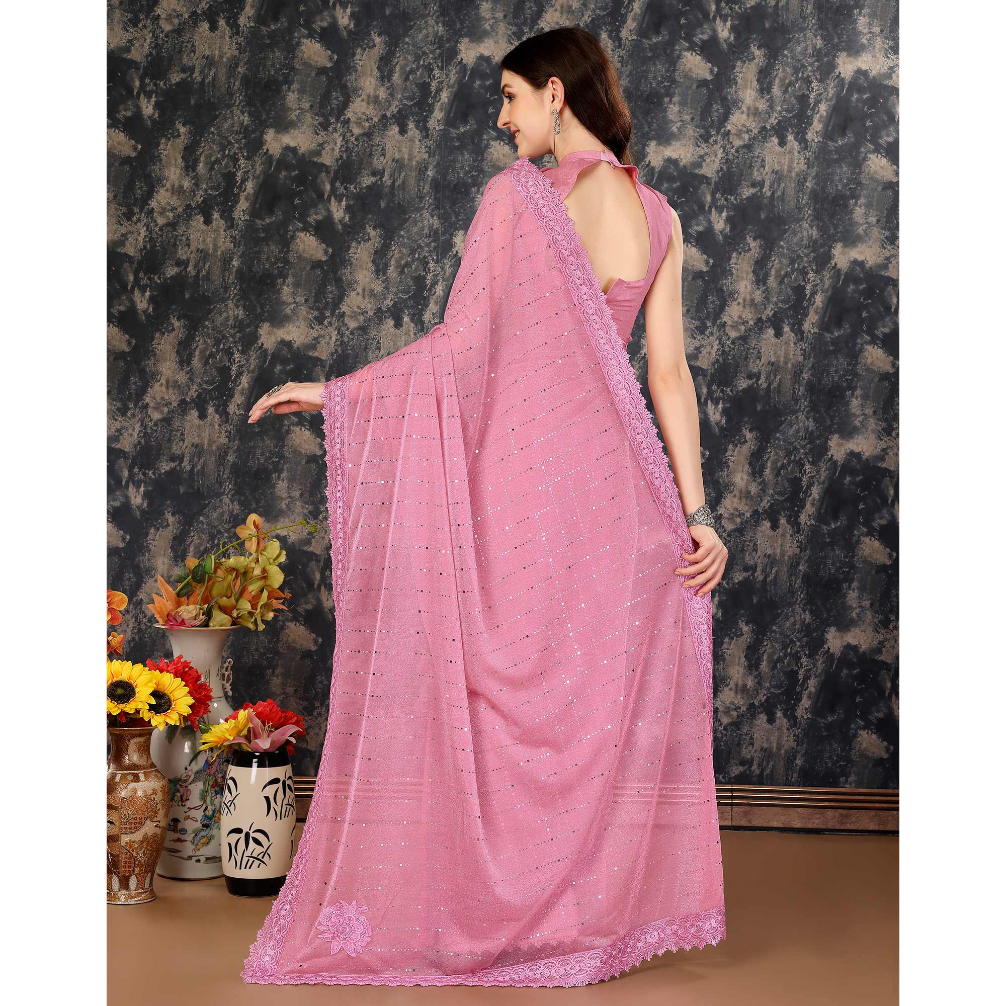 Pink Tikali With Floral Embroidered Lycra Saree