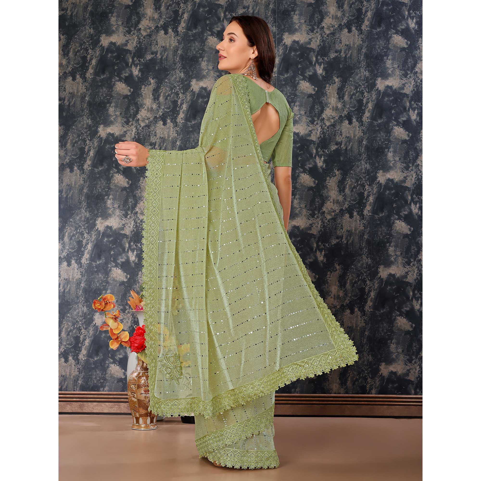 Green Tikali With Floral Embroidered Lycra Saree