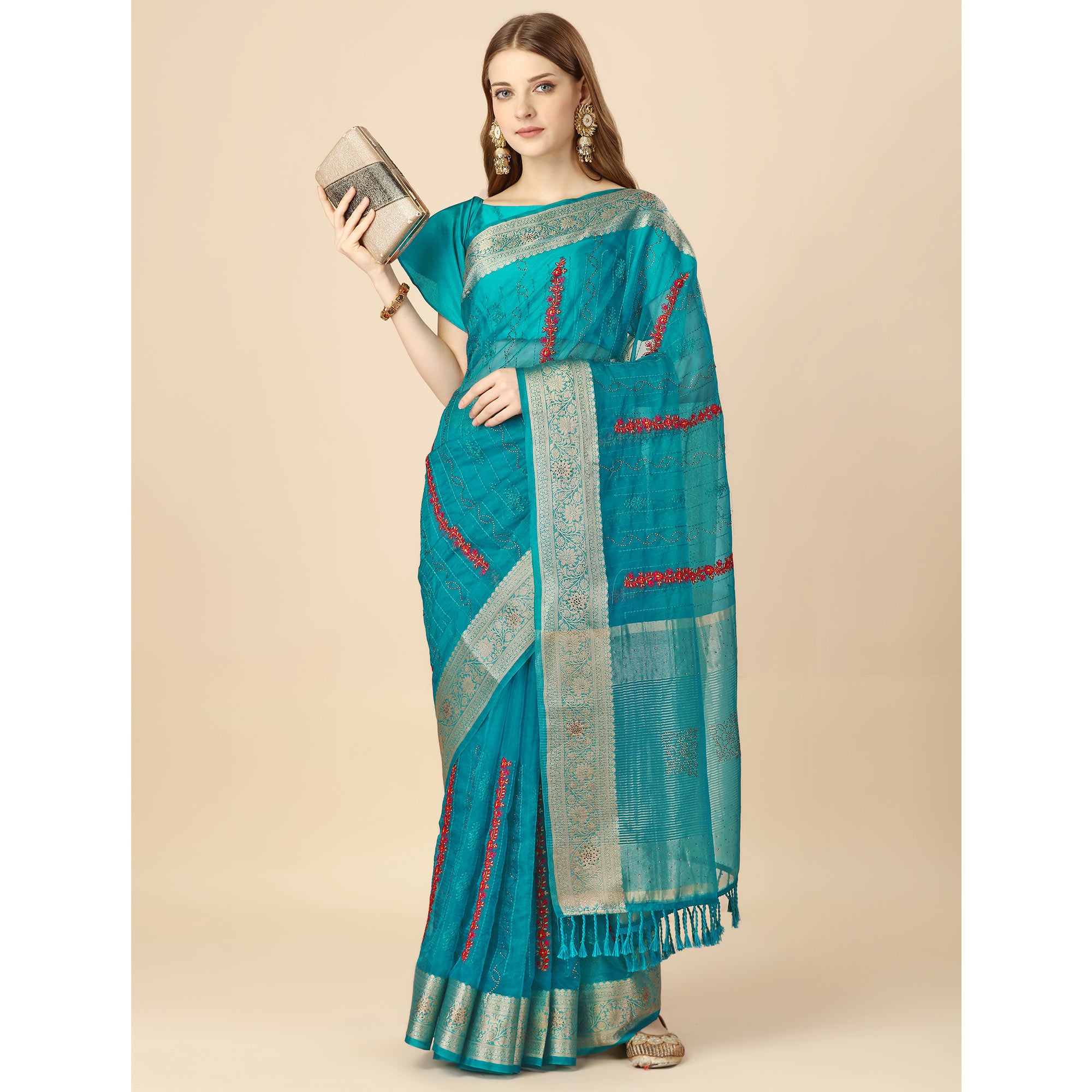 Rama Blue Floral Embroidery With Swarovski Work Organza Saree