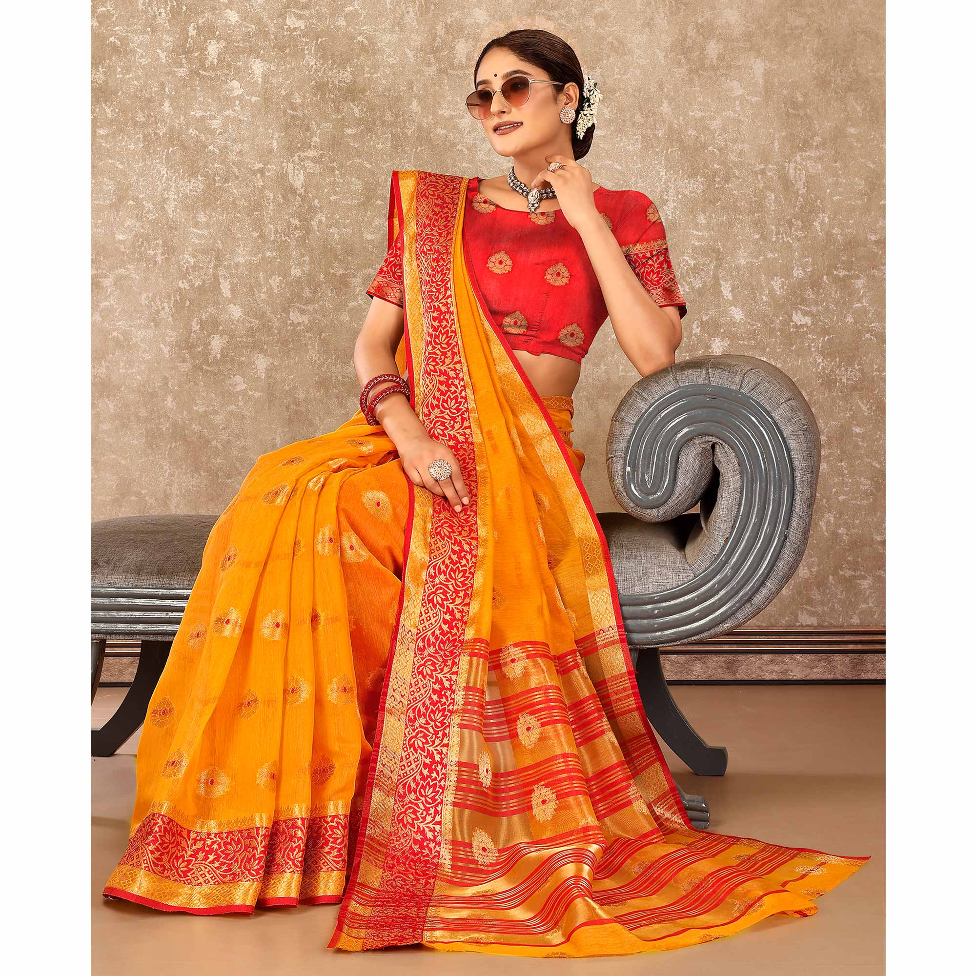 Mustard Floral Zari Woven Cotton Silk Saree