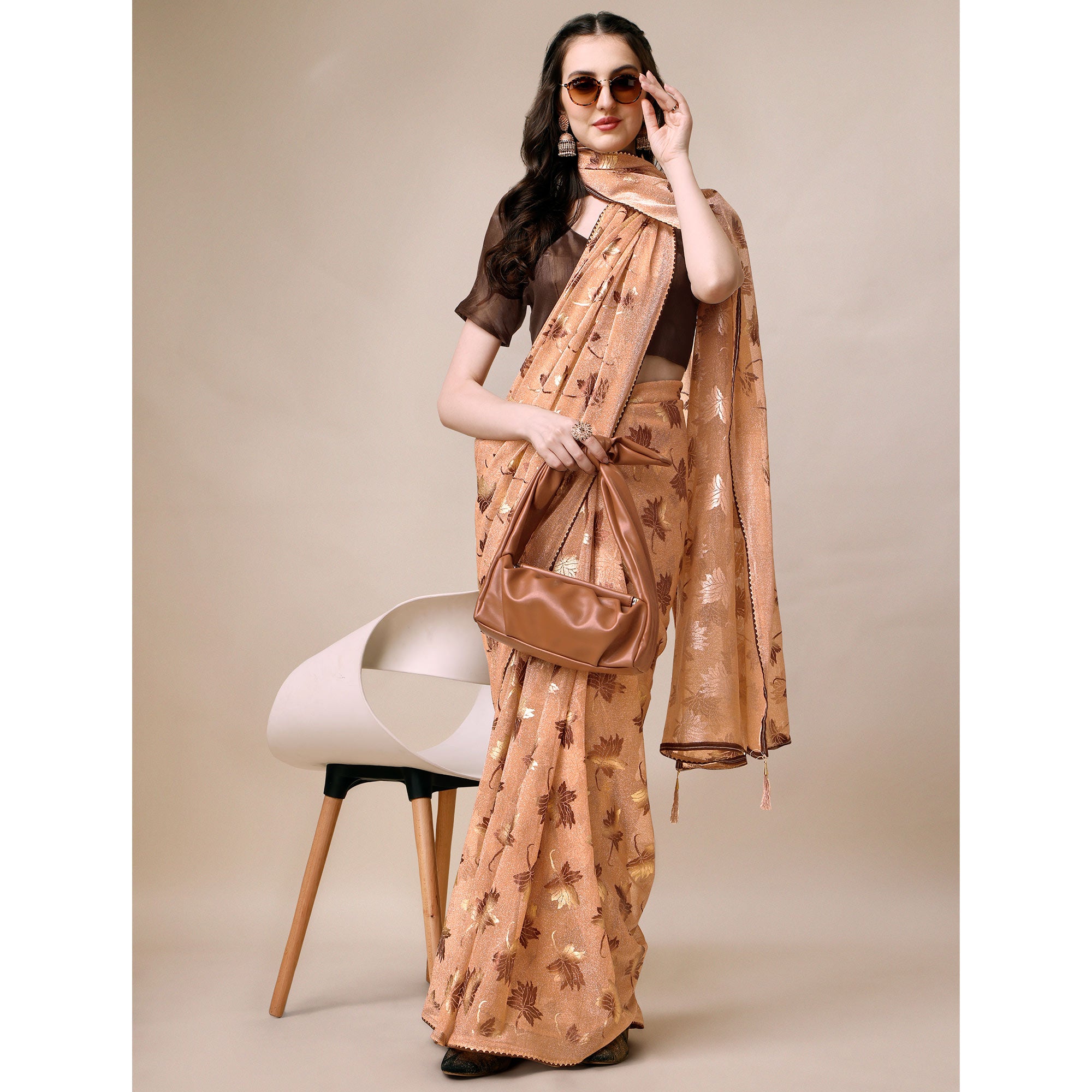 Peach Floral Foil Printed Rayon Saree