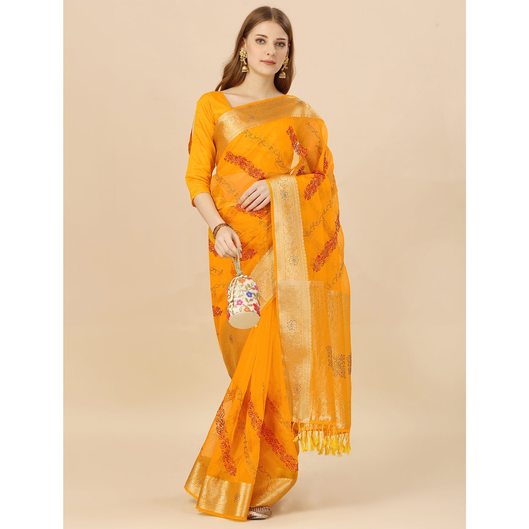 Yellow Floral Embroidery With Swarovski Work Organza Saree