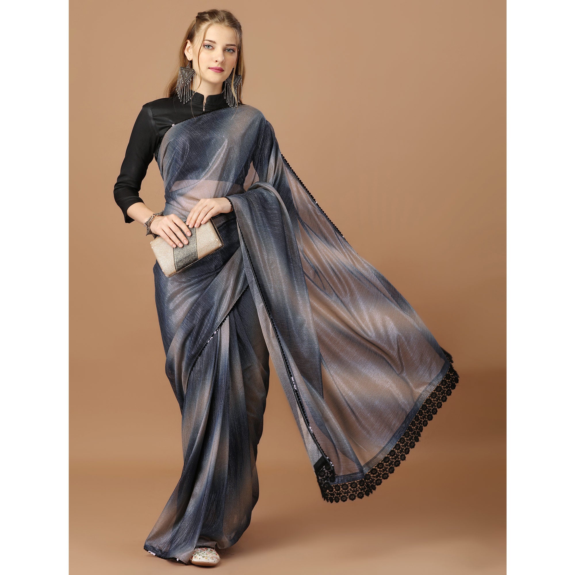 Blue Digital Printed Lycra Saree With Lace Border