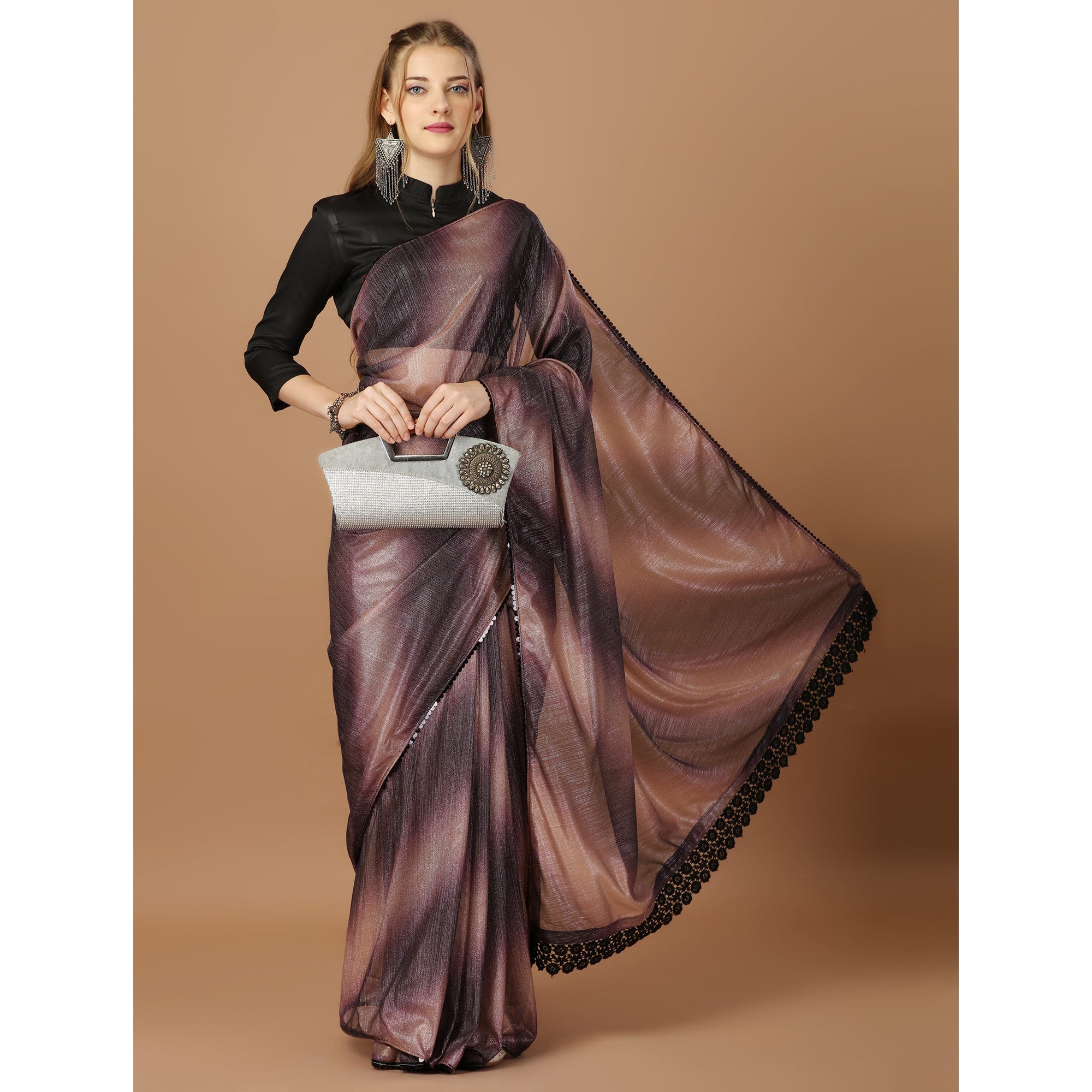 Purple Digital Printed Lycra Saree With Lace Border