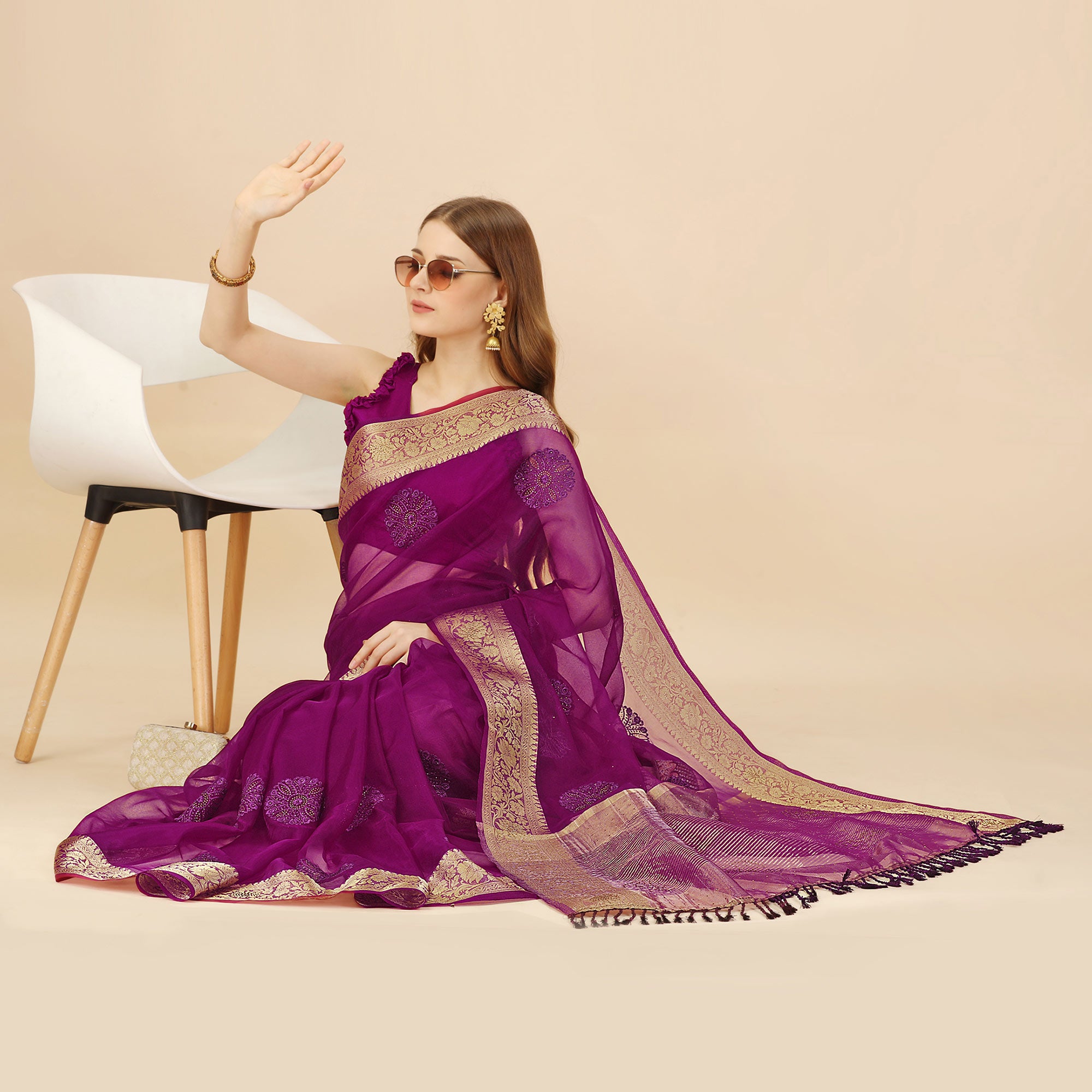 Purple Floral Embroidery With Swarovski Work Organza Saree