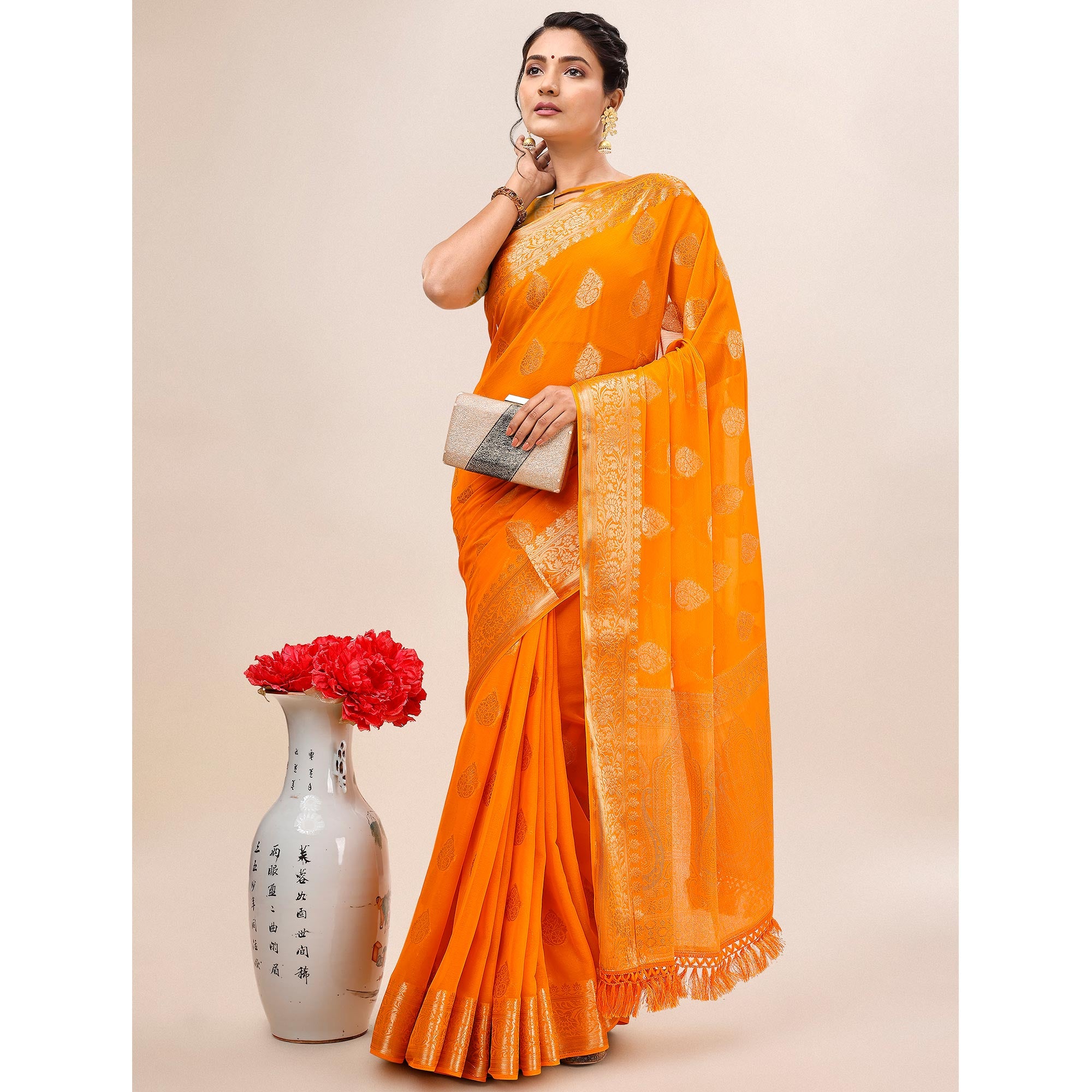 Yellow Woven Chiffon Saree With Tassels