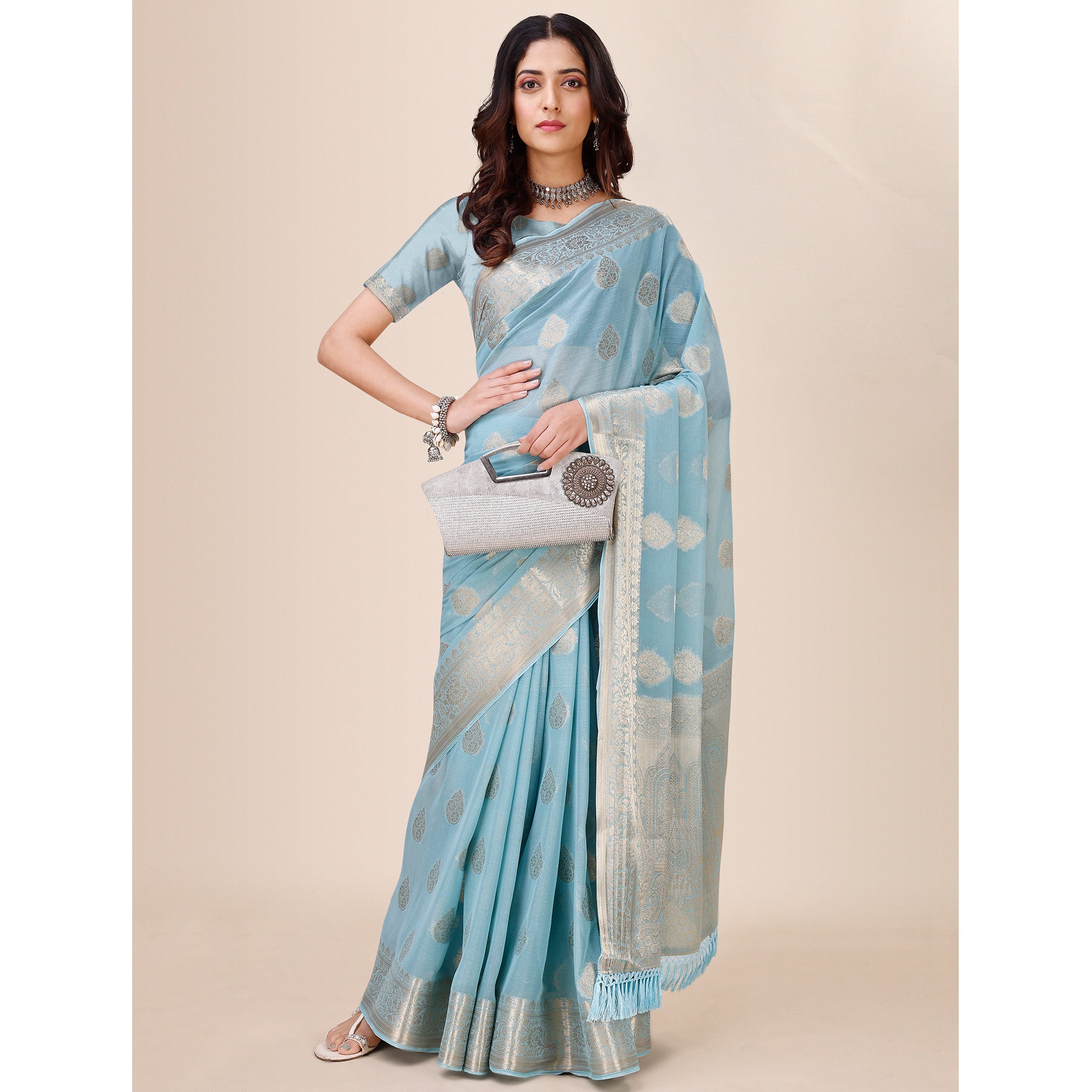 Sky Blue Woven Chiffon Saree