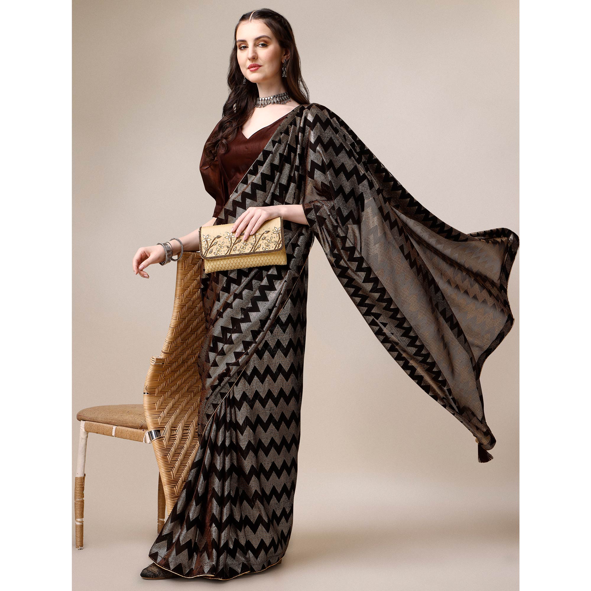 Brown Digital Foil Printed Rayon Saree