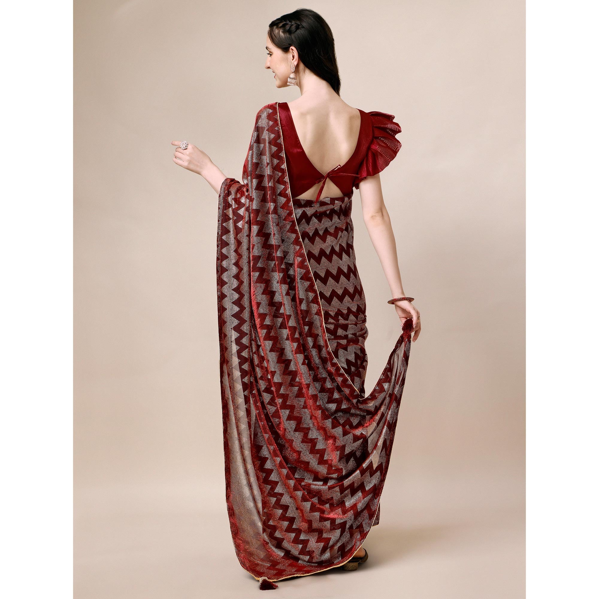 Maroon Digital Foil Printed Rayon Saree