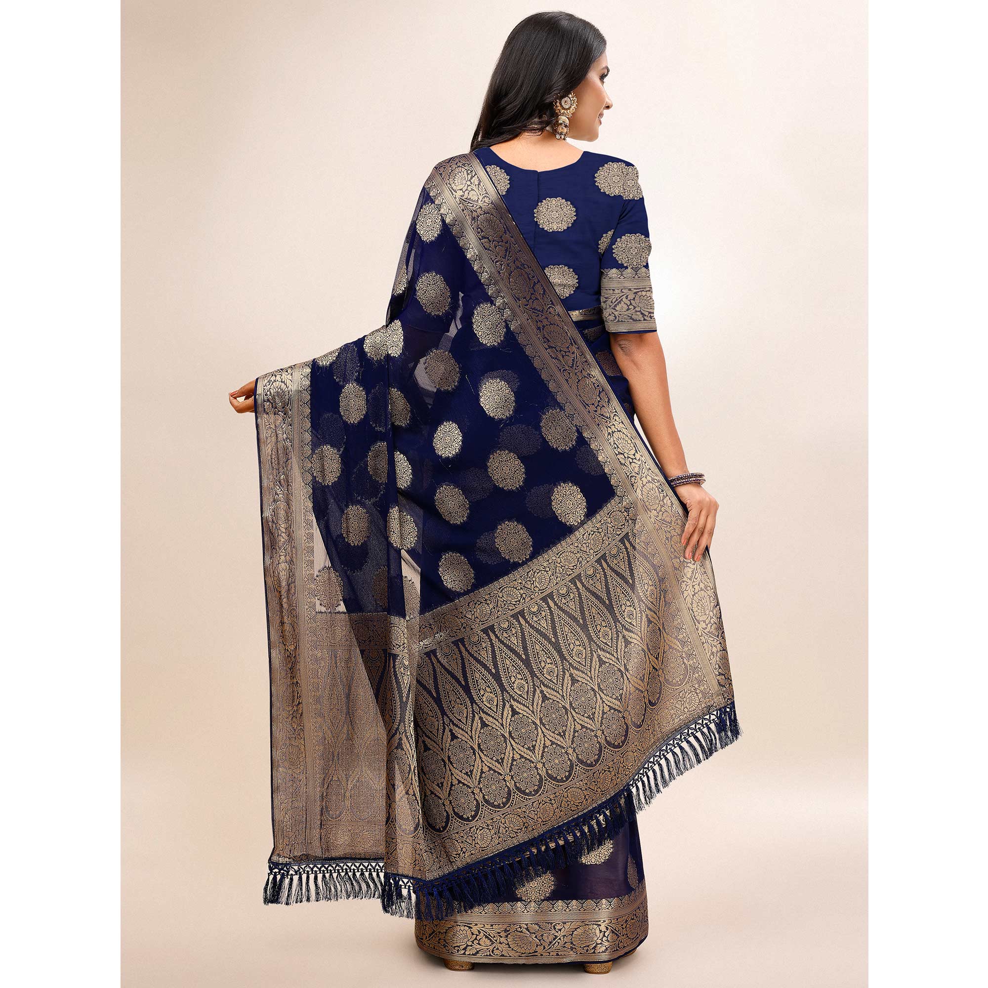 Navy Blue Woven Chiffon Saree With Tassels