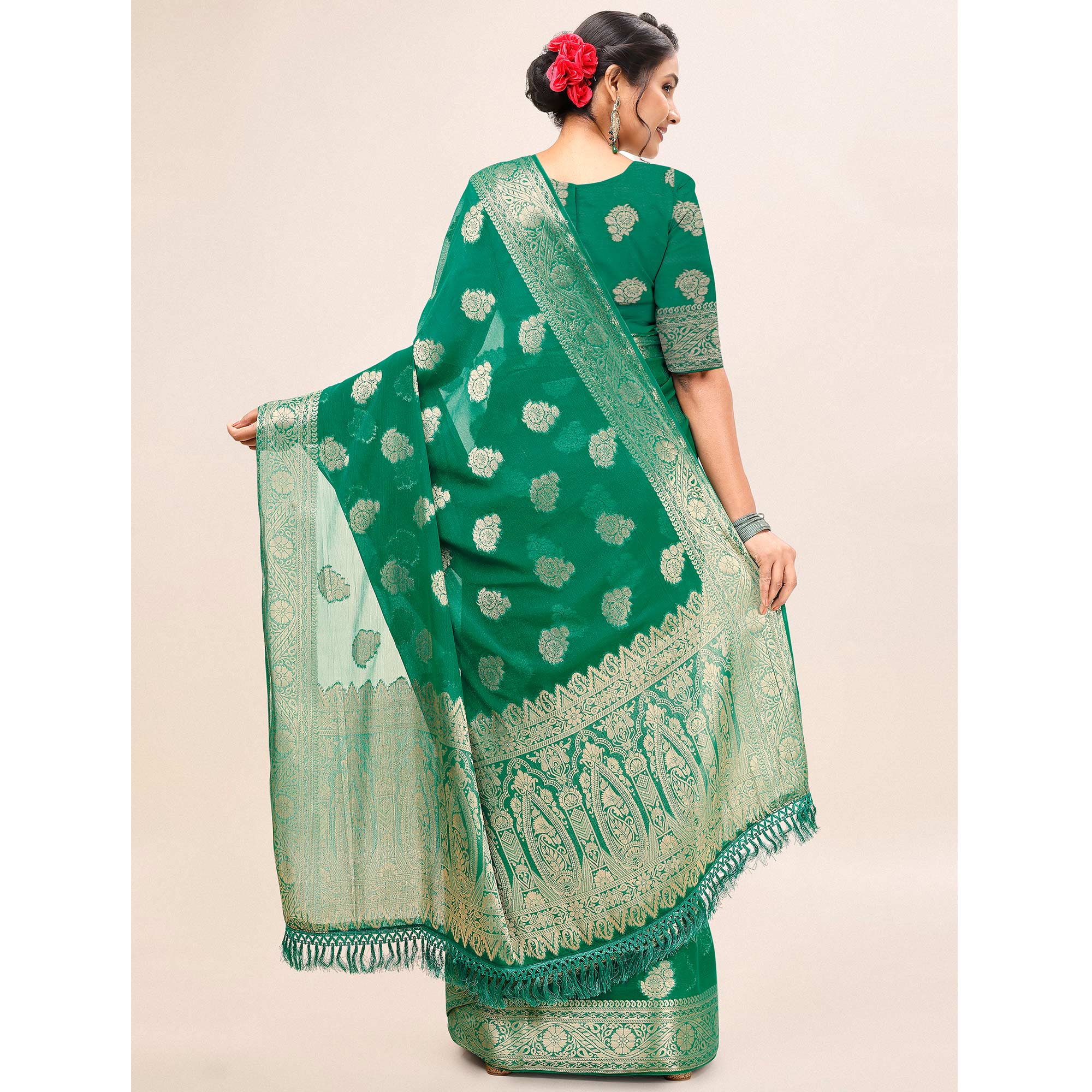 Green Woven Chiffon Saree With Tassels