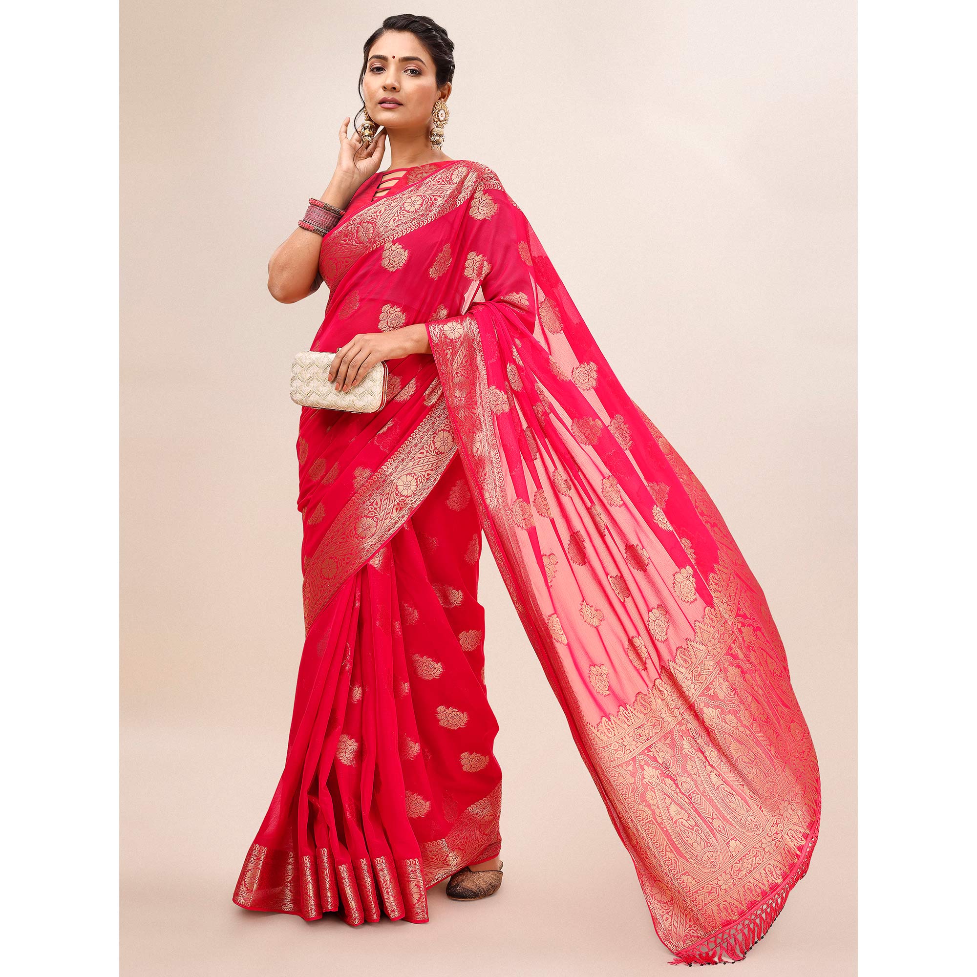 Pink Woven Chiffon Saree With Tassels