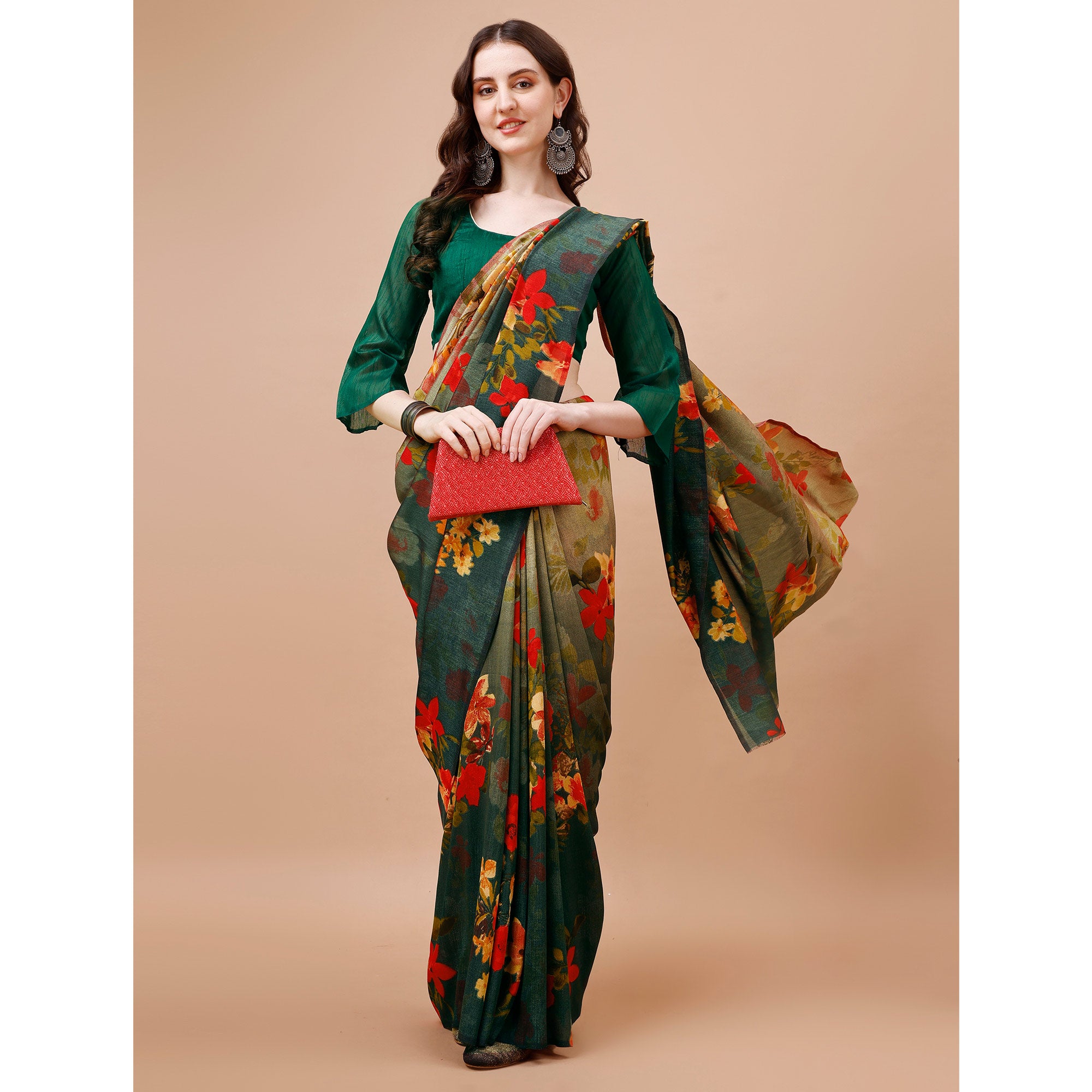 Green & Brown Floral Printed Vichitra Silk Saree