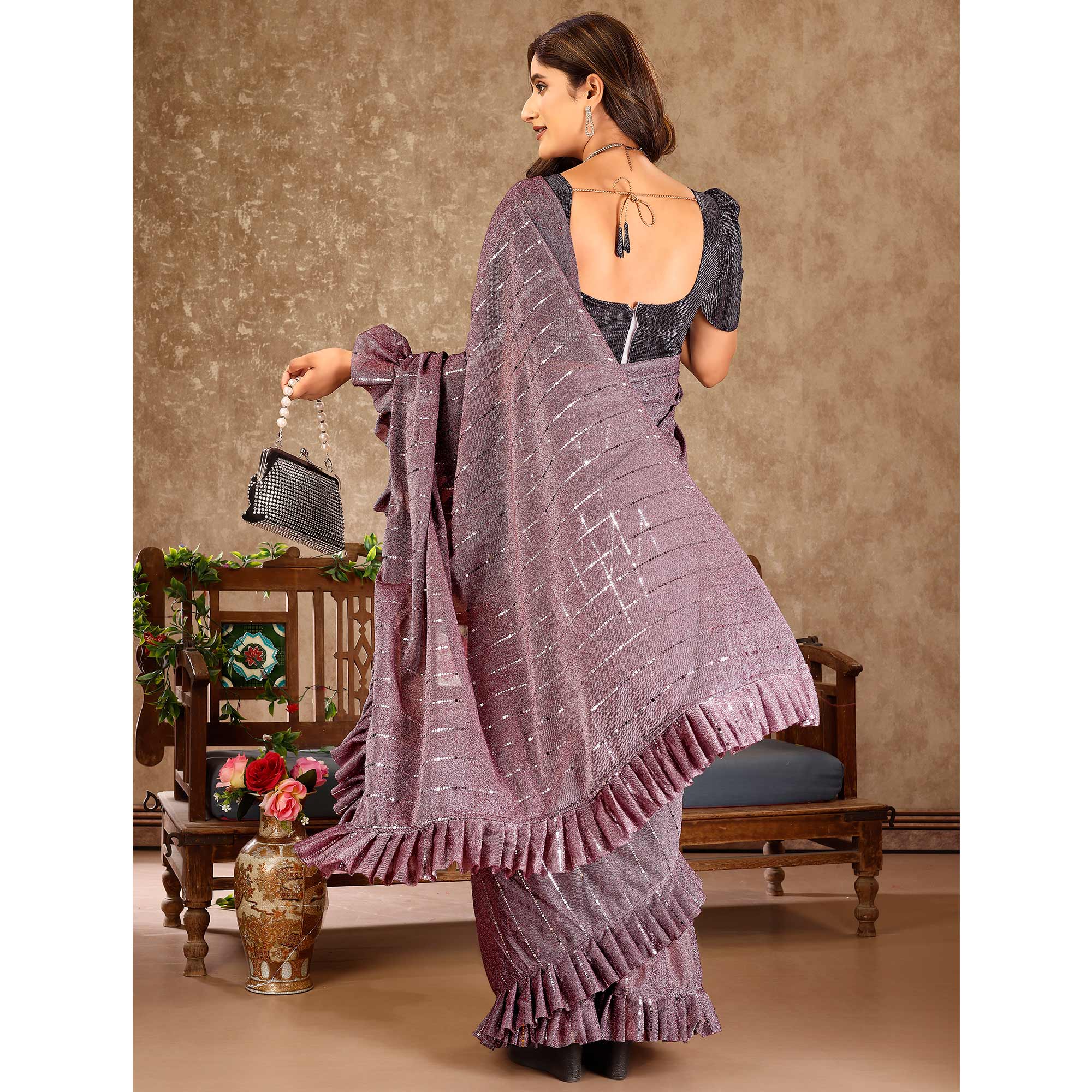 Purple Tikki Work Lycra Ready To Wear Ruffle Saree