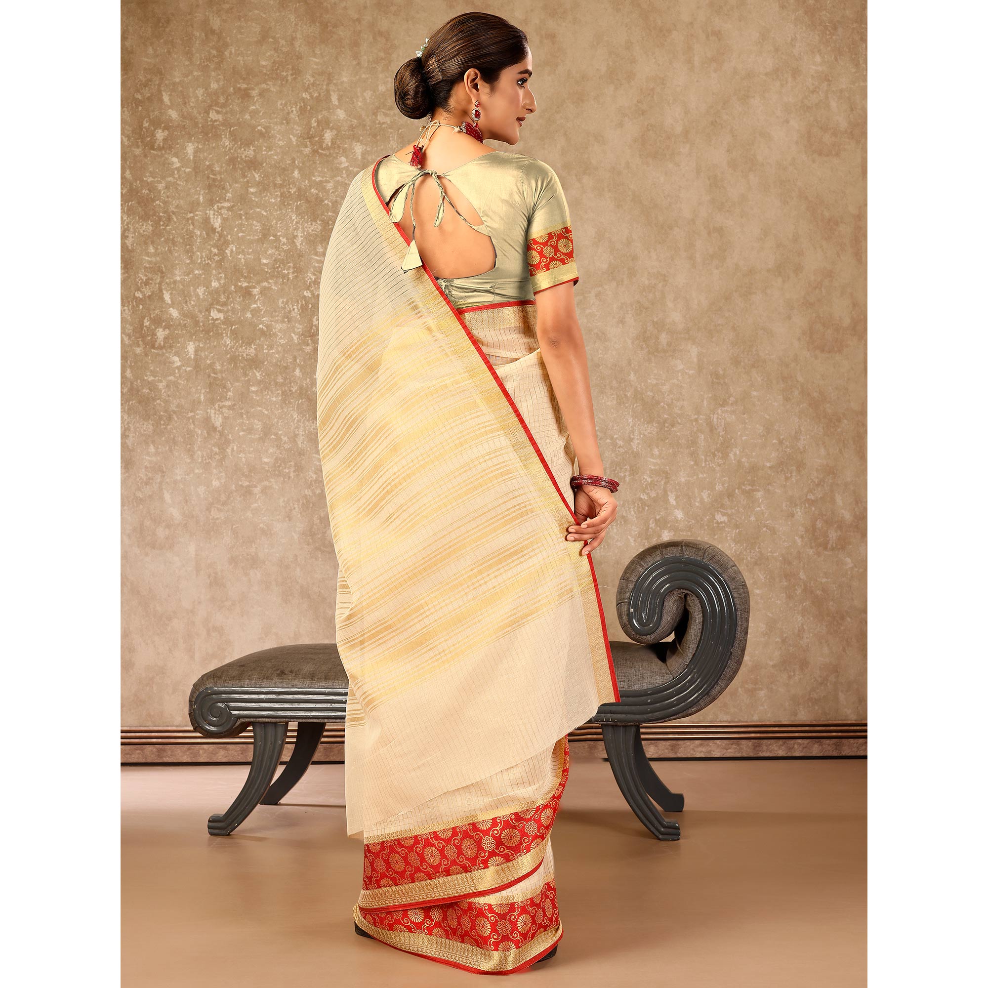 Beige Zari Woven Cotton Silk Saree