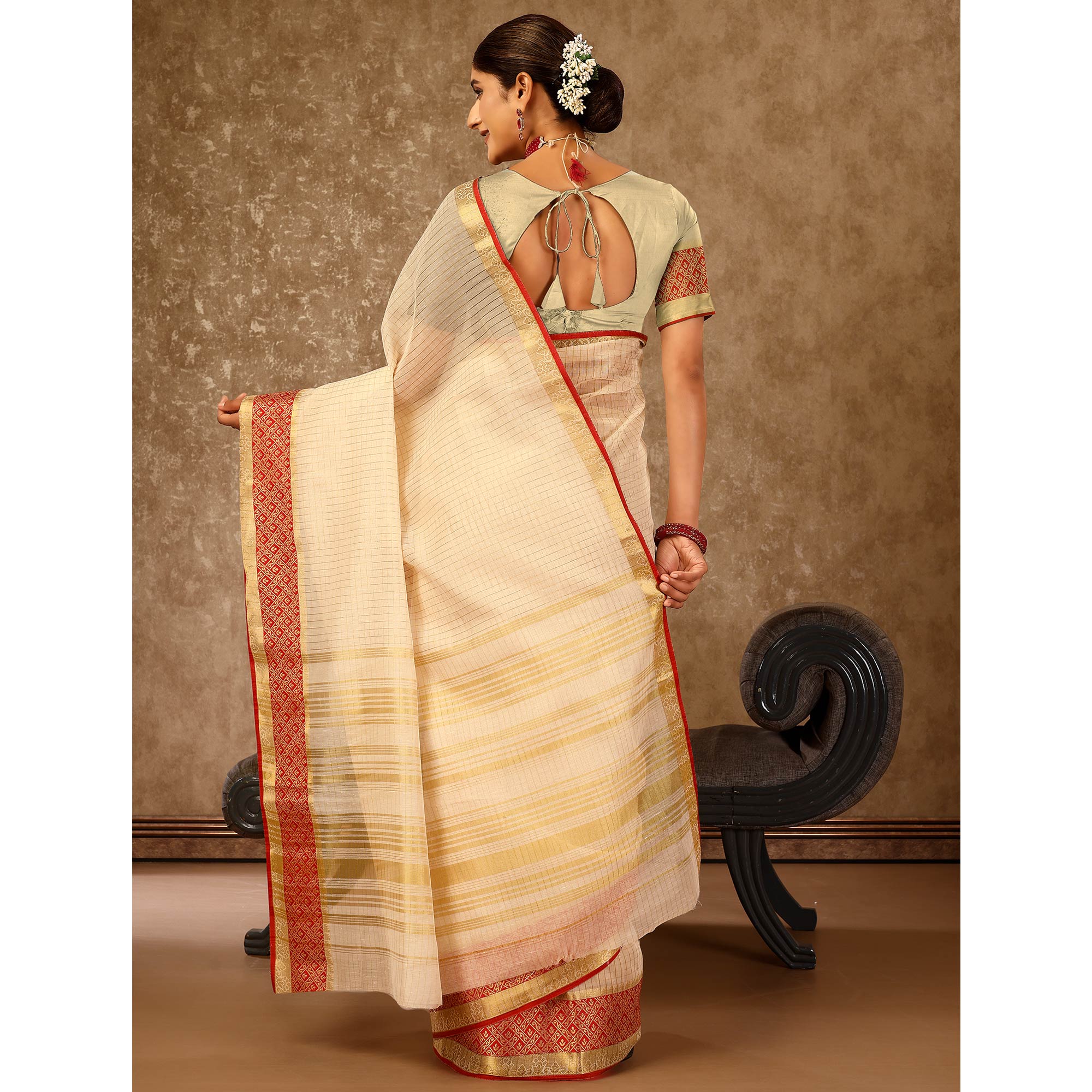 Beige Zari Woven Cotton Silk Saree