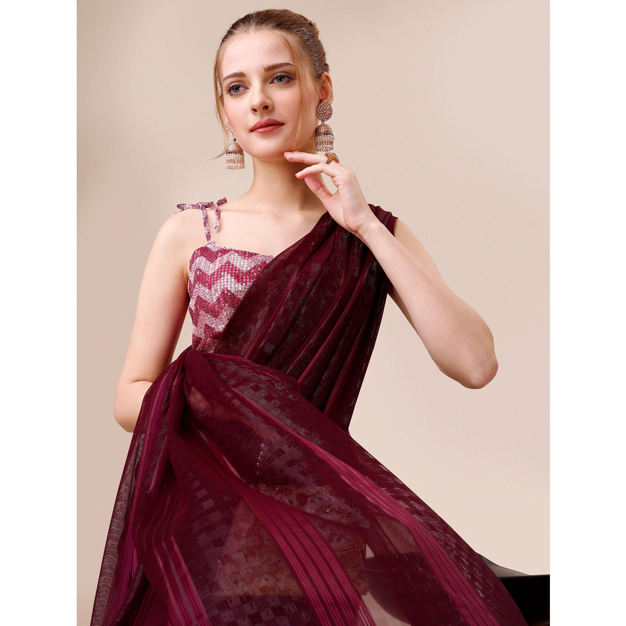 Wine Striped Woven Chiffon Saree