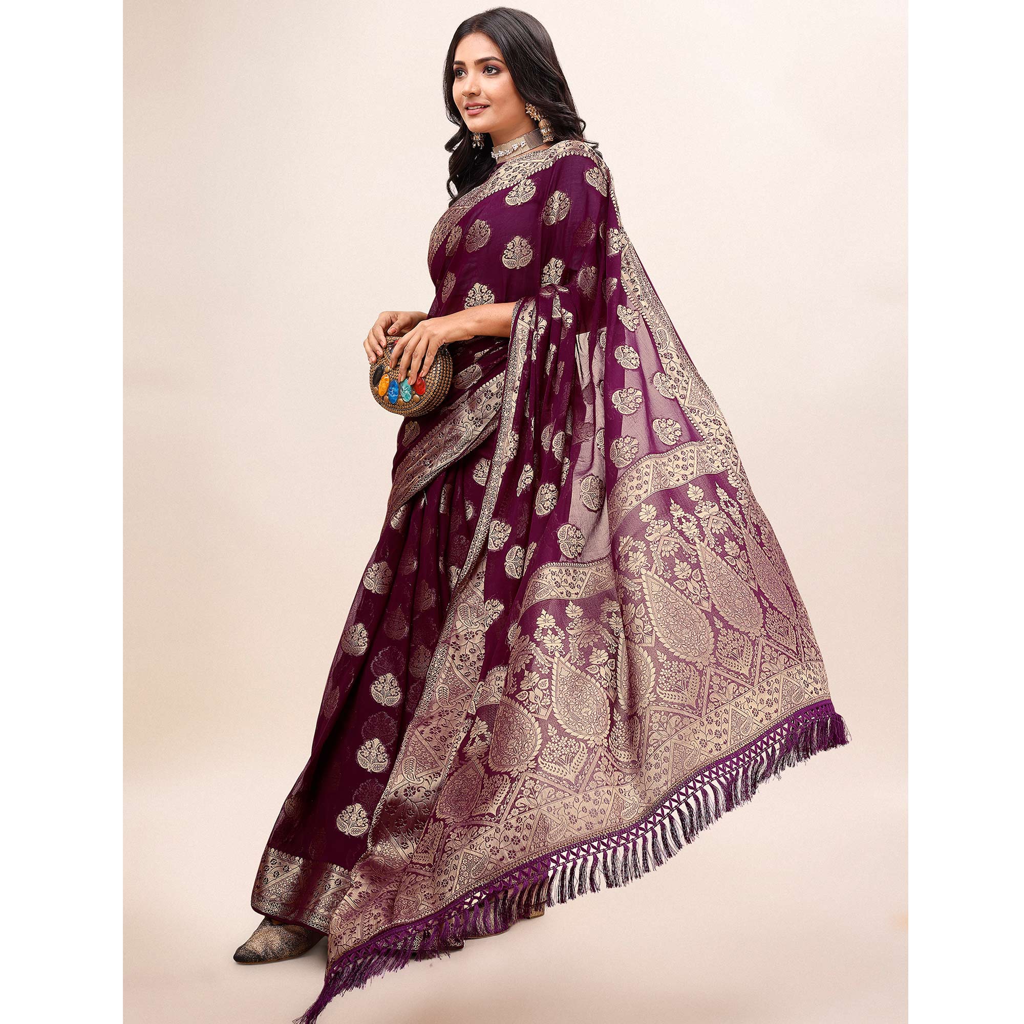 Wine Woven Chiffon Saree With Tassels
