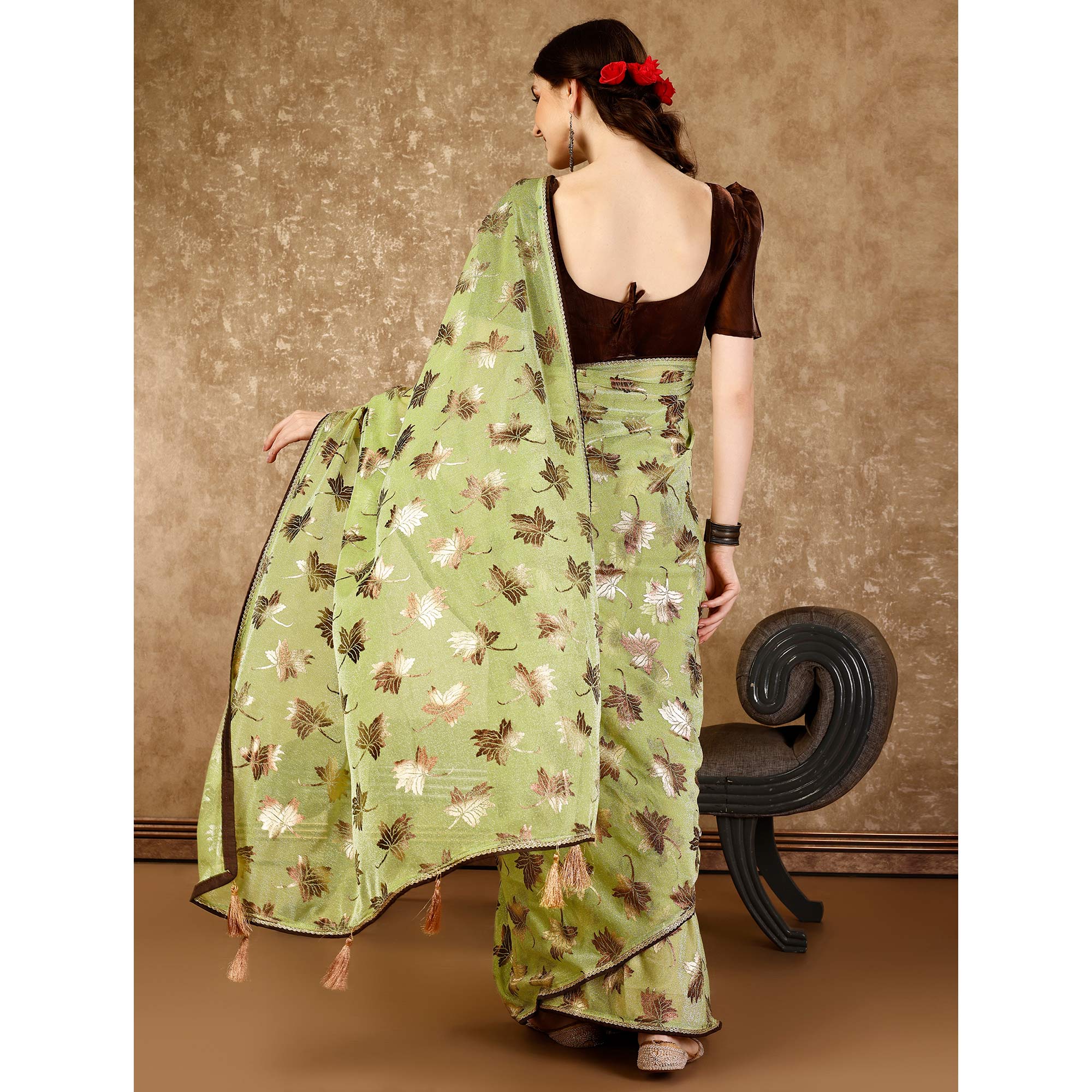 Green Foil Printed Lycra Ready To Wear Saree
