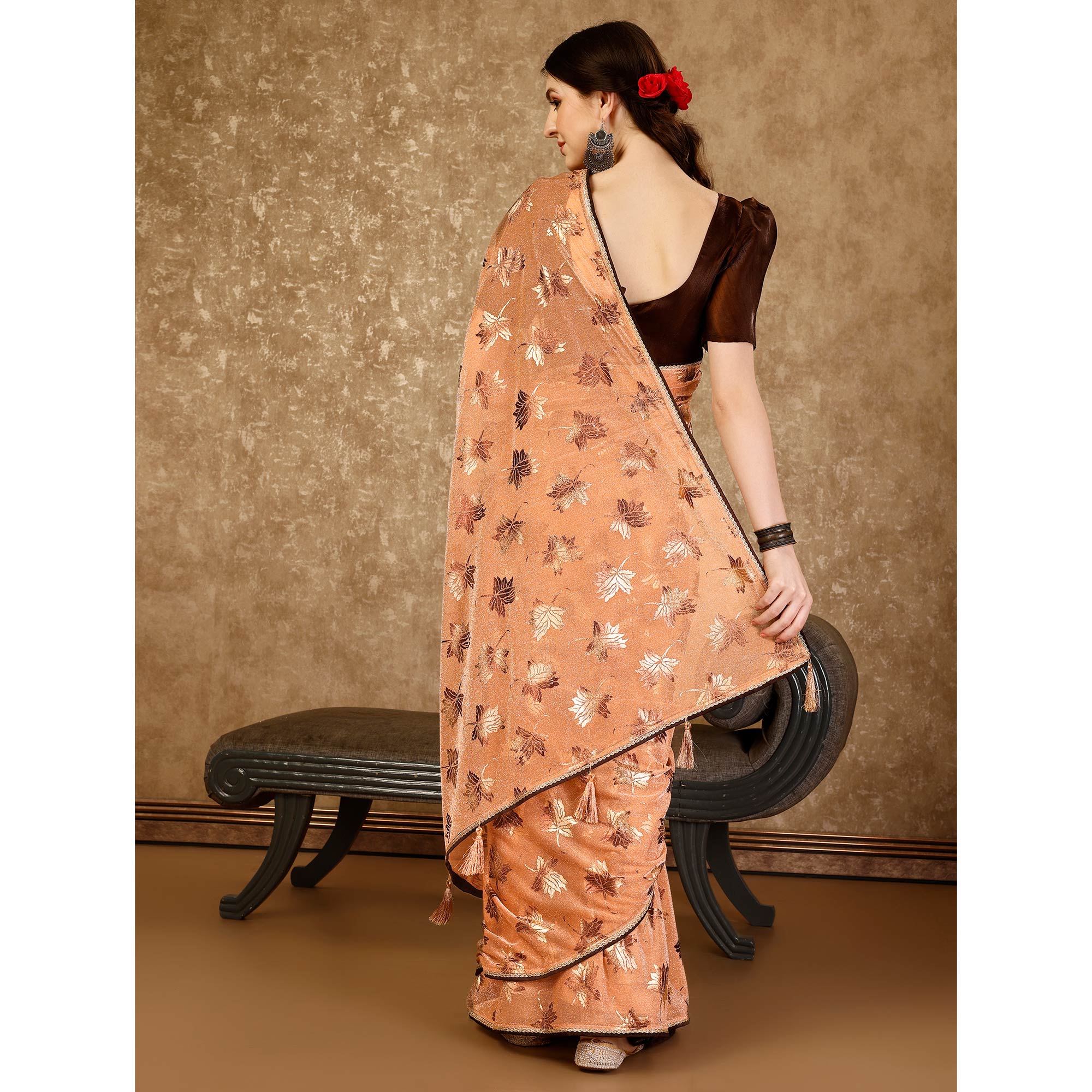 Peach Foil Printed Lycra Ready To Wear Saree