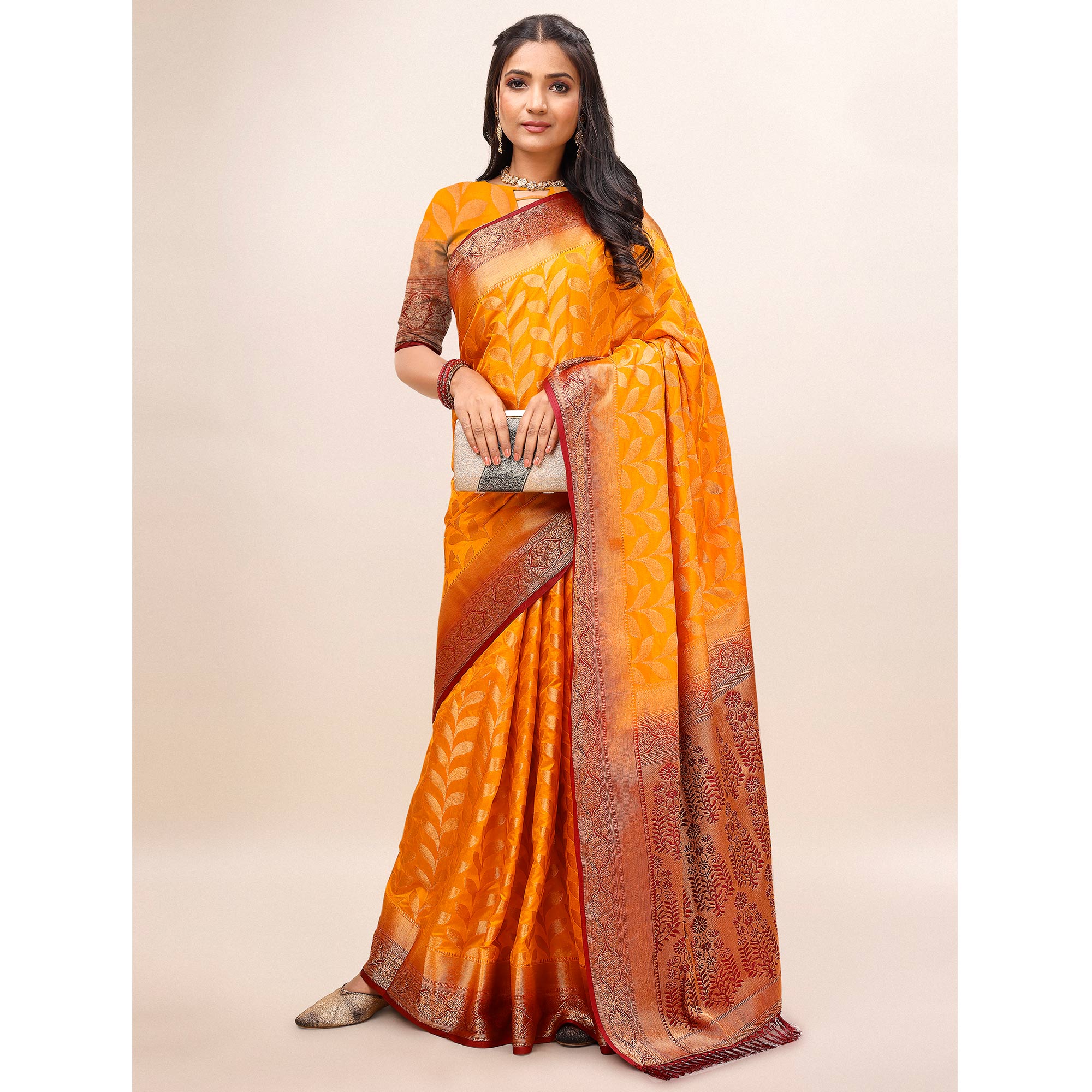 Orange Woven Dola Silk Saree With Tassels
