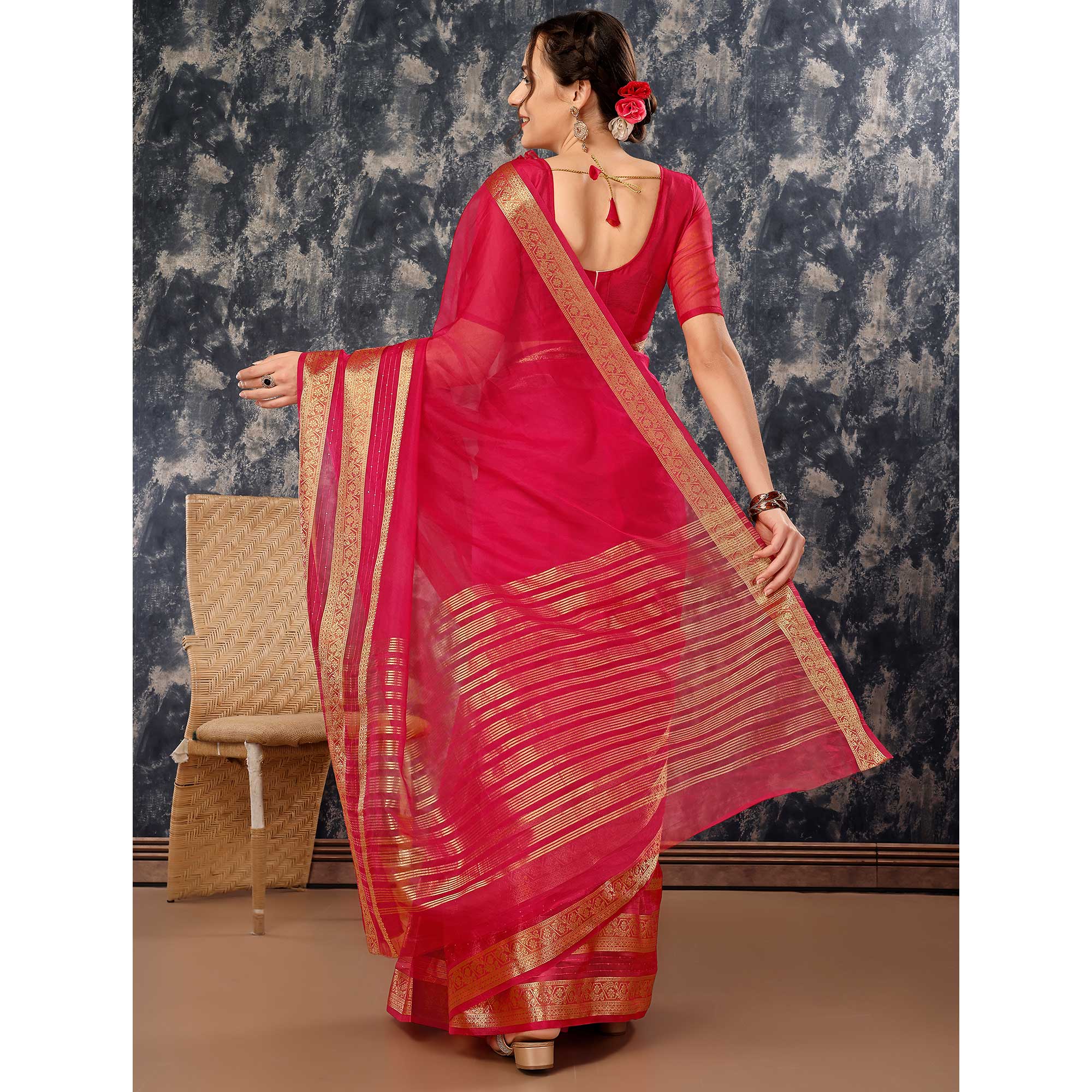 Pink Floral Zari Woven Organza Saree