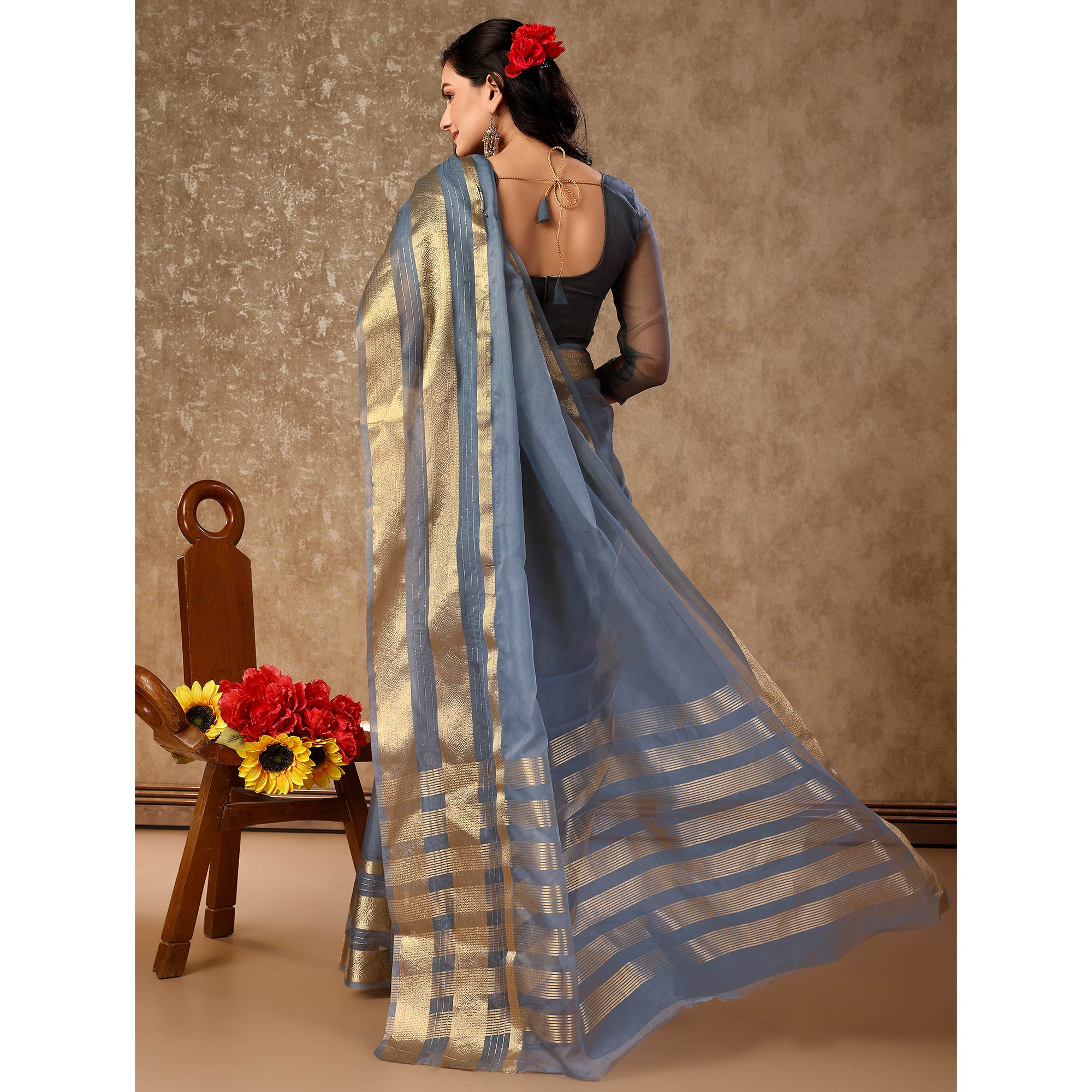 Grey Floral Zari Woven Organza Saree