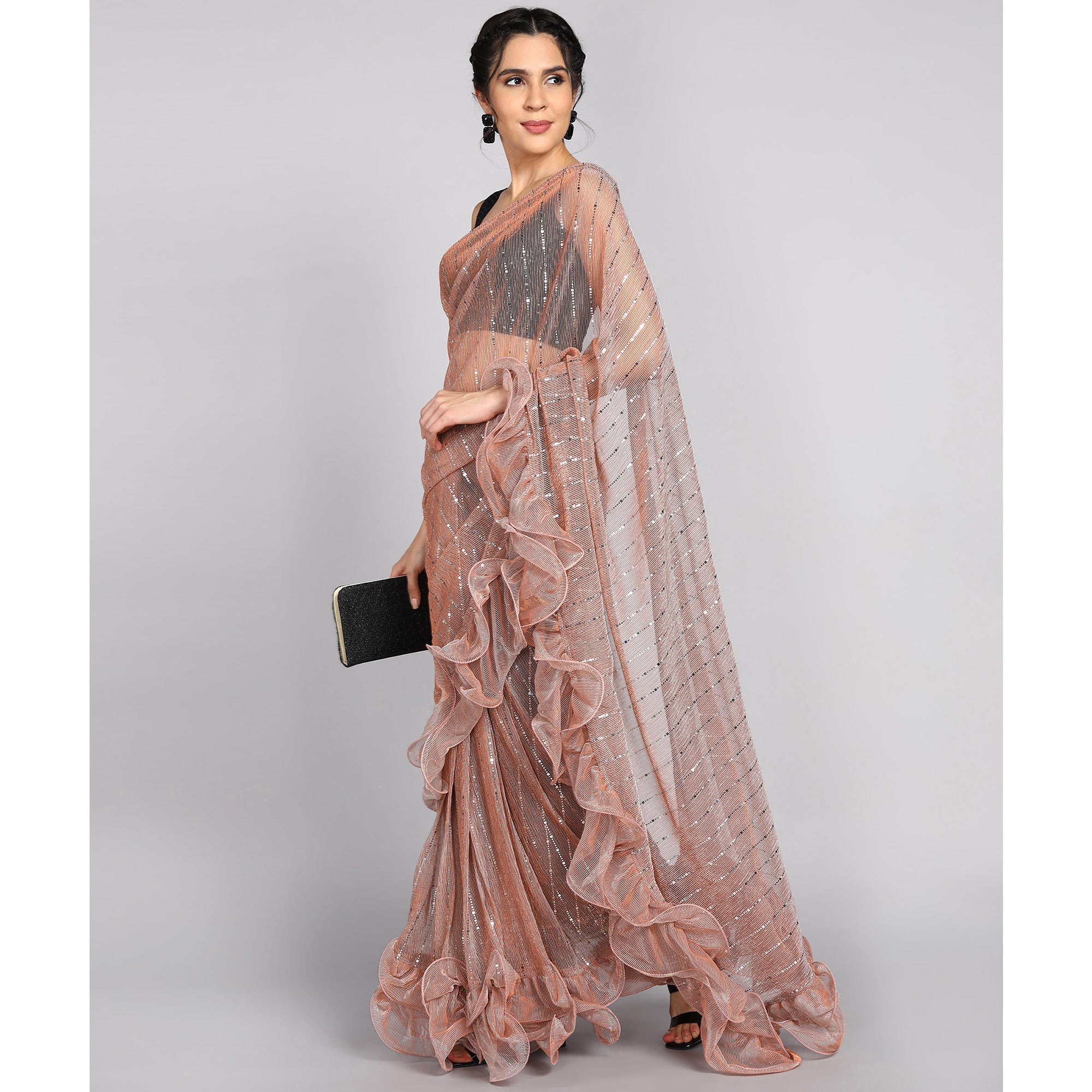 Peach Tikki Work Lycra Ruffle Saree