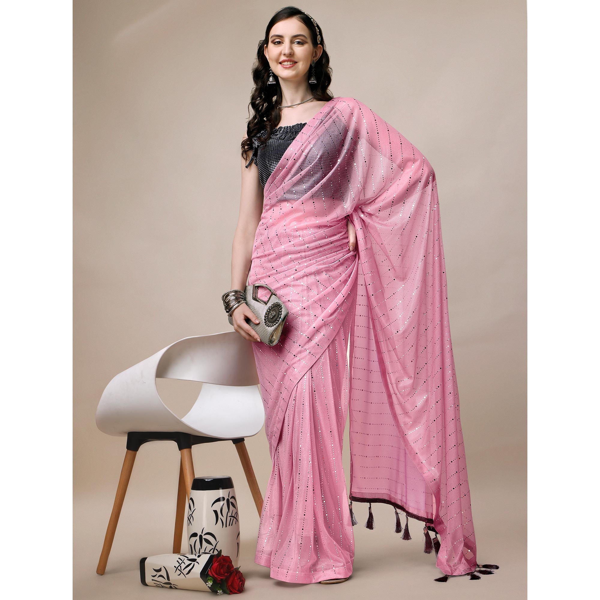 Onion Pink Striped Foil Printed Rayon Saree