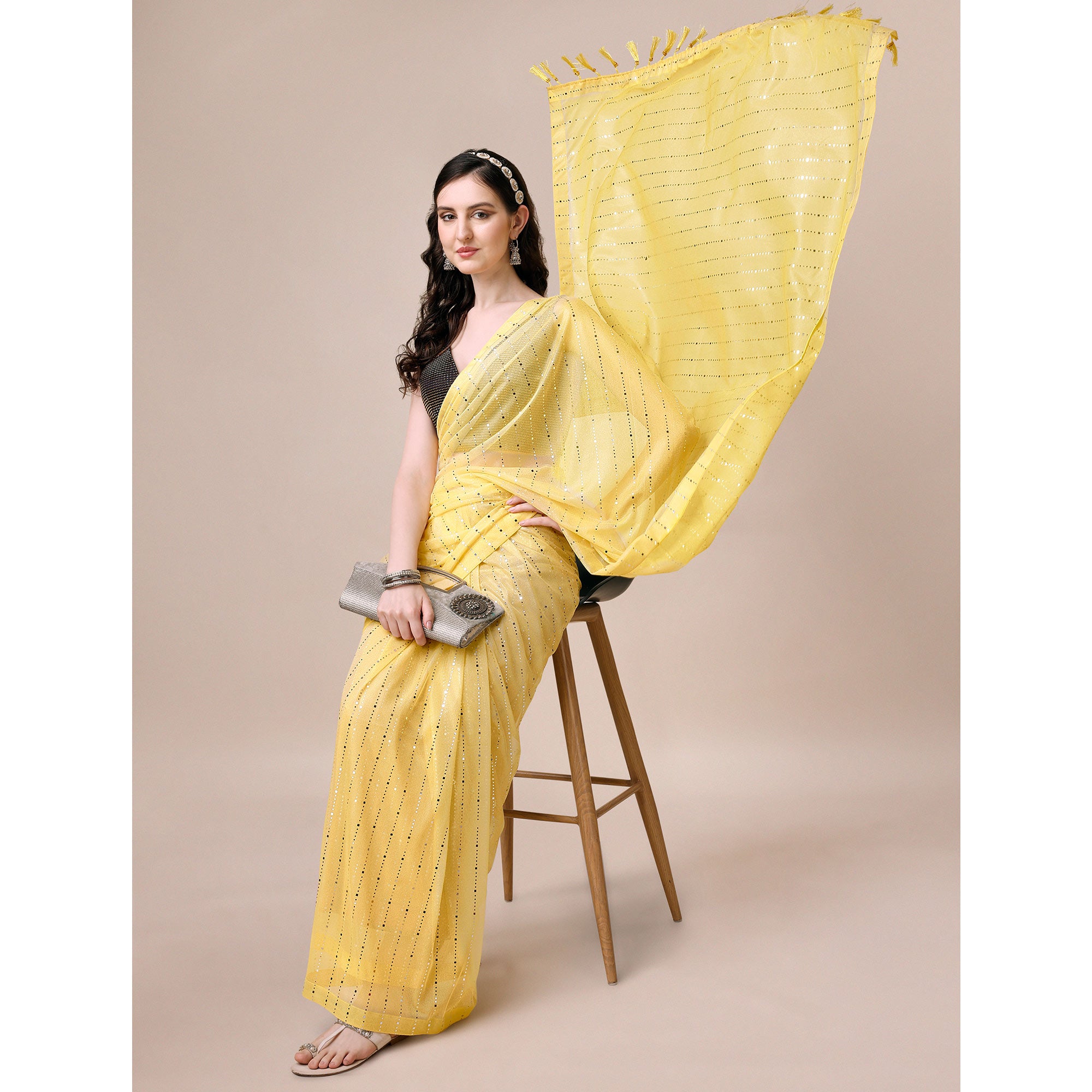 Yellow Striped Foil Printed Rayon Saree