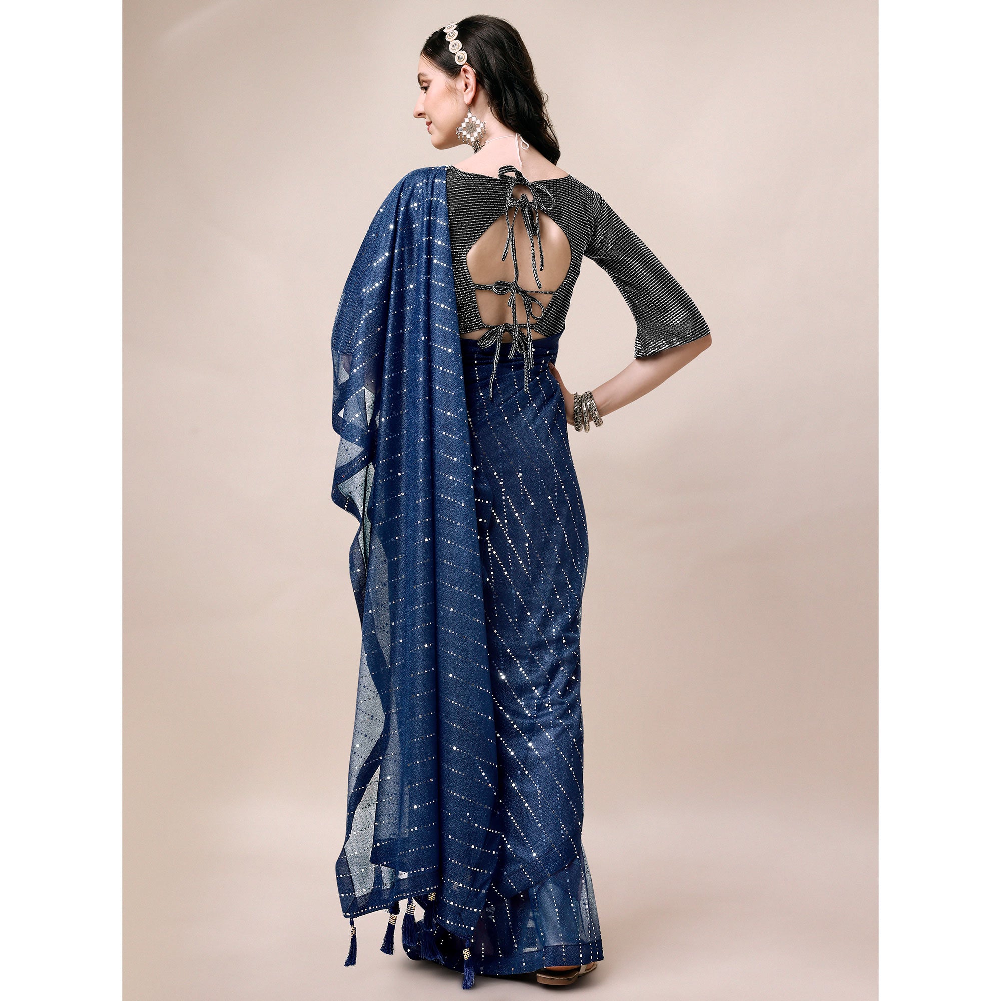 Blue Striped Foil Printed Rayon Saree