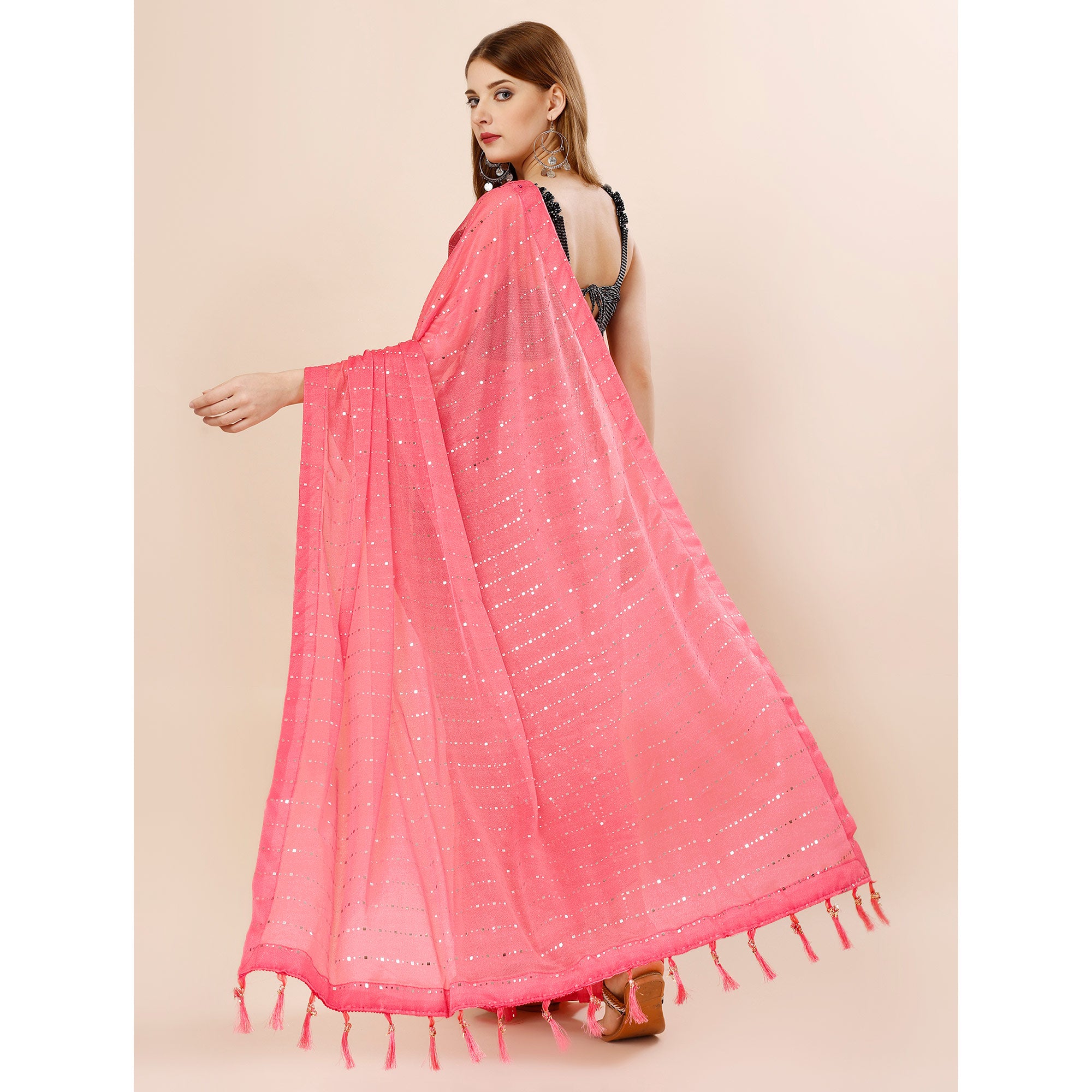 Pink Tikki Work Lycra Saree With Embroidered Border