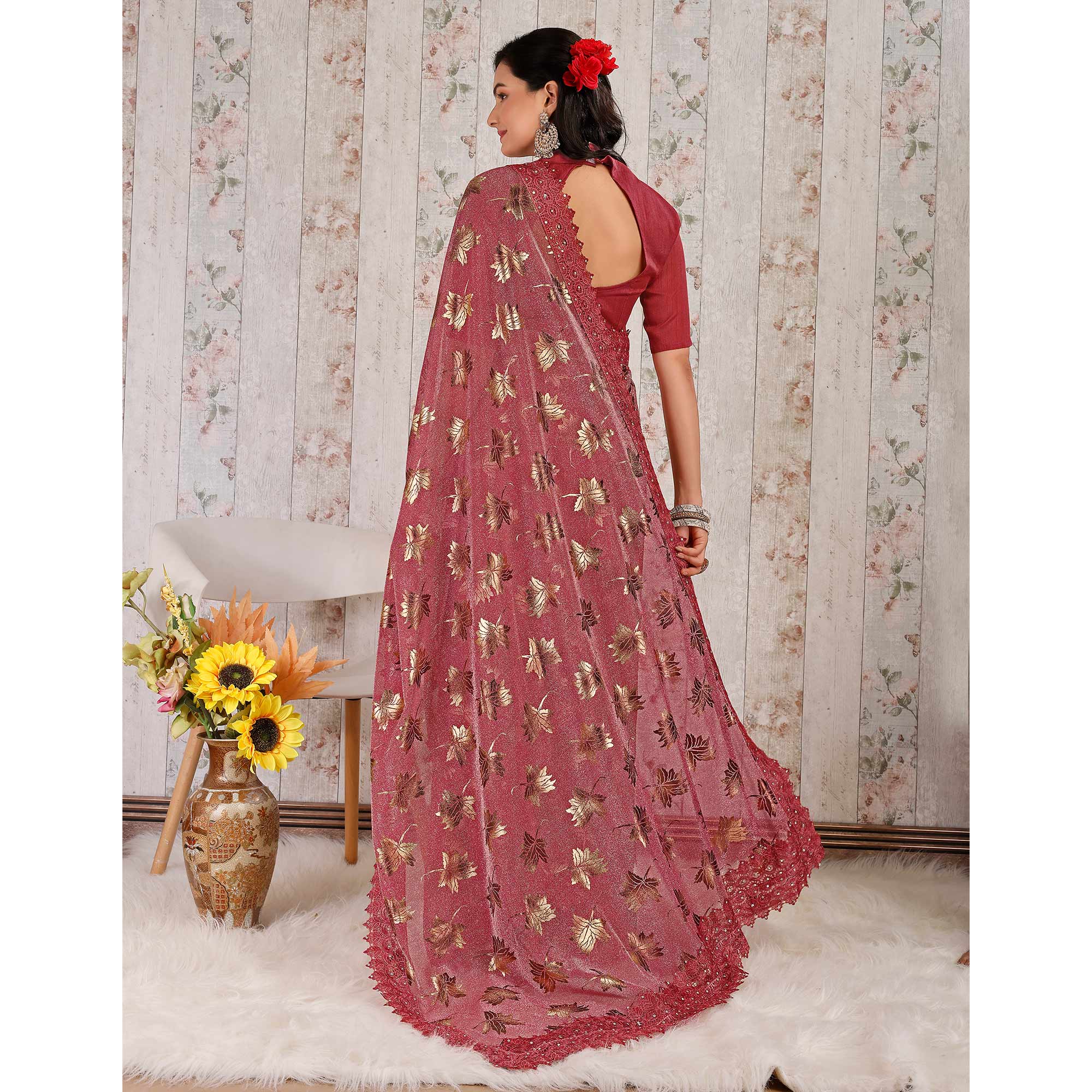 Pink Foil Printed Lycra Saree With Embroidered Lace Border