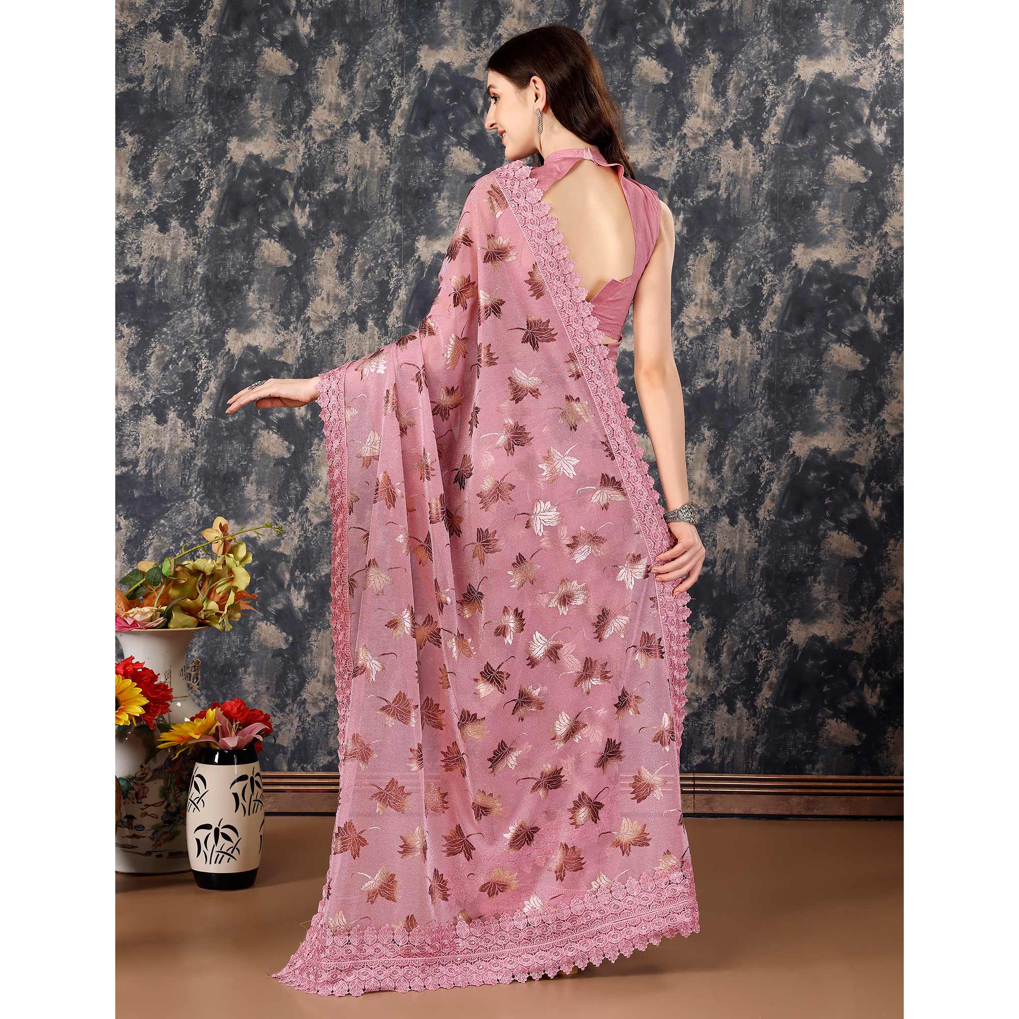Pink Foil Printed Lycra Saree With Embroidered Lace Border