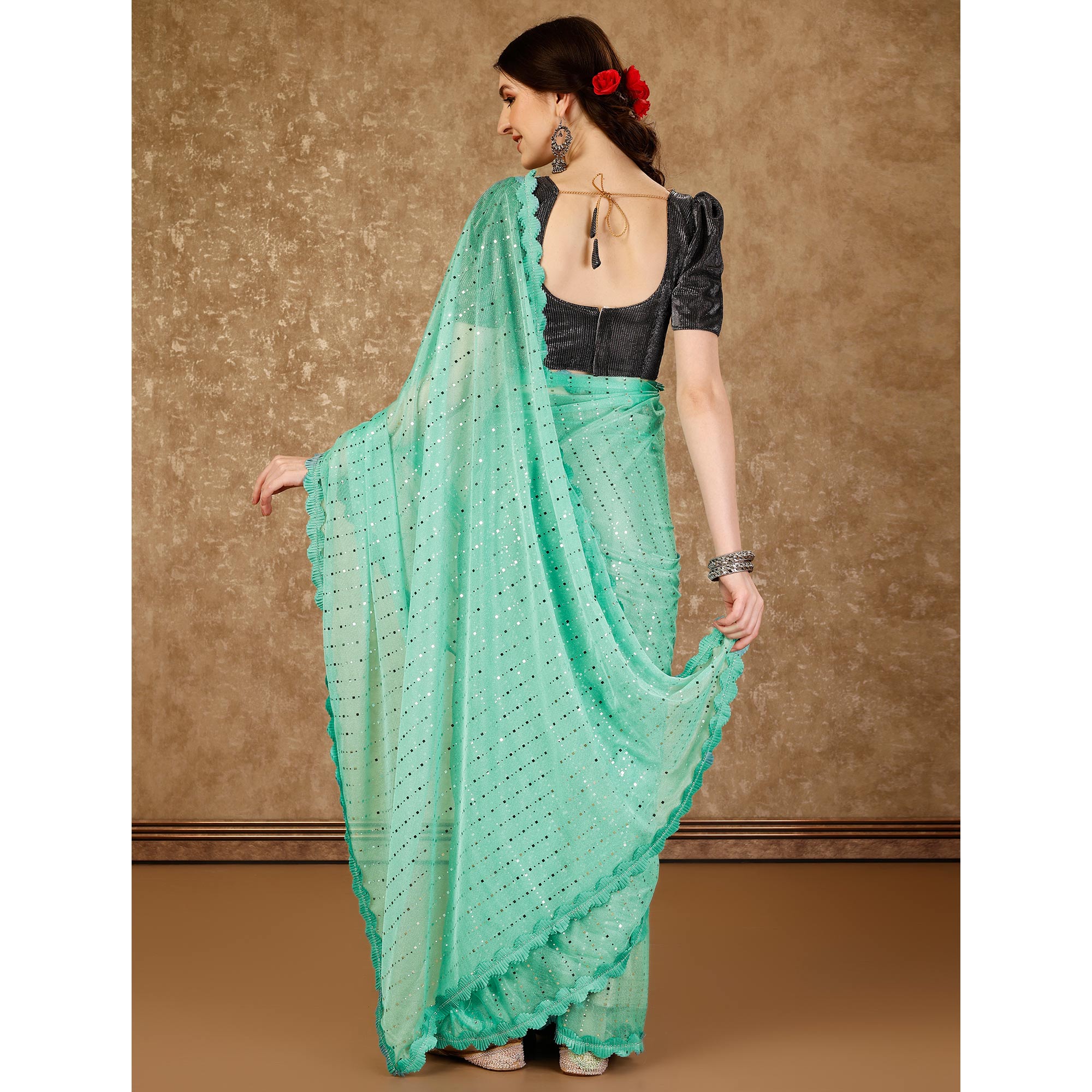 Sea Green Tikali With Swarovski Work Lycra Ready To Wear Saree