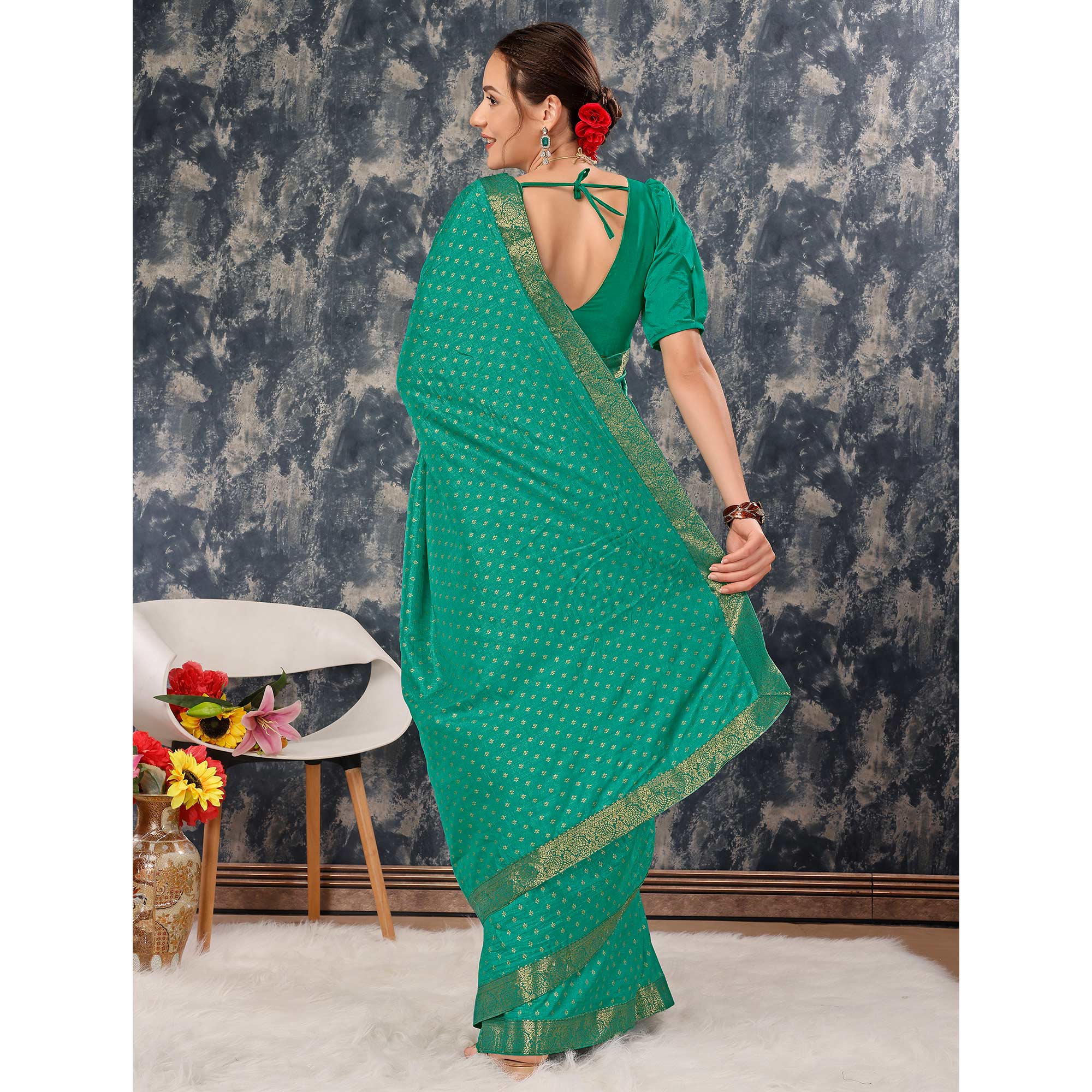 Rama Green Floral Foil Printed Vichitra Silk Saree With Lace Border