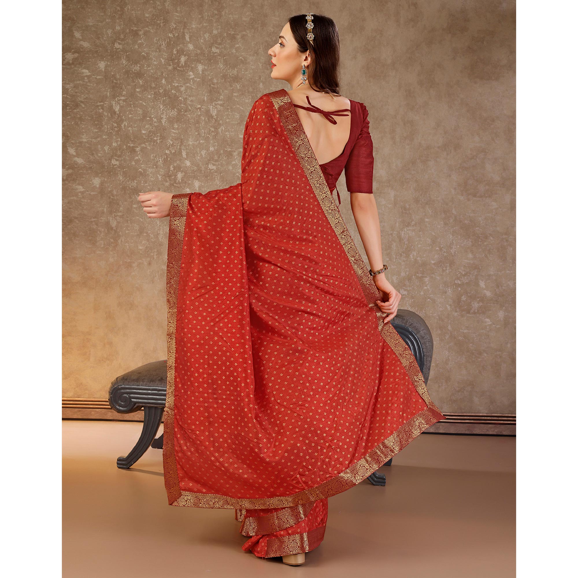 Rust Floral Foil Printed Vichitra Silk Saree With Lace Border