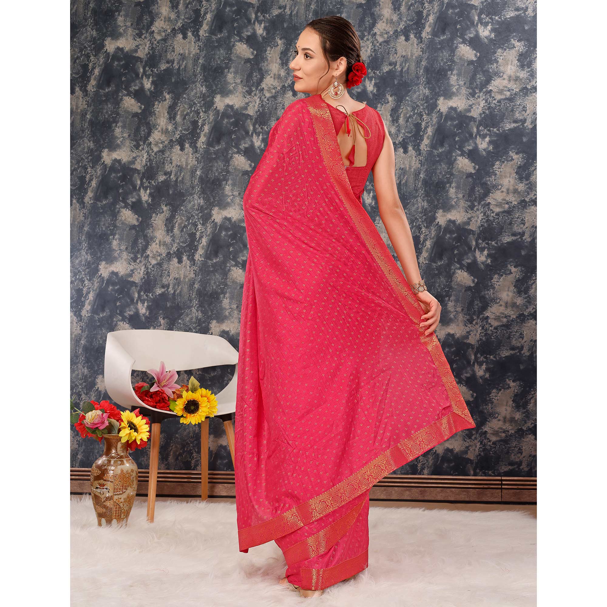 Pink Floral Foil Printed Vichitra Silk Saree With Lace Border