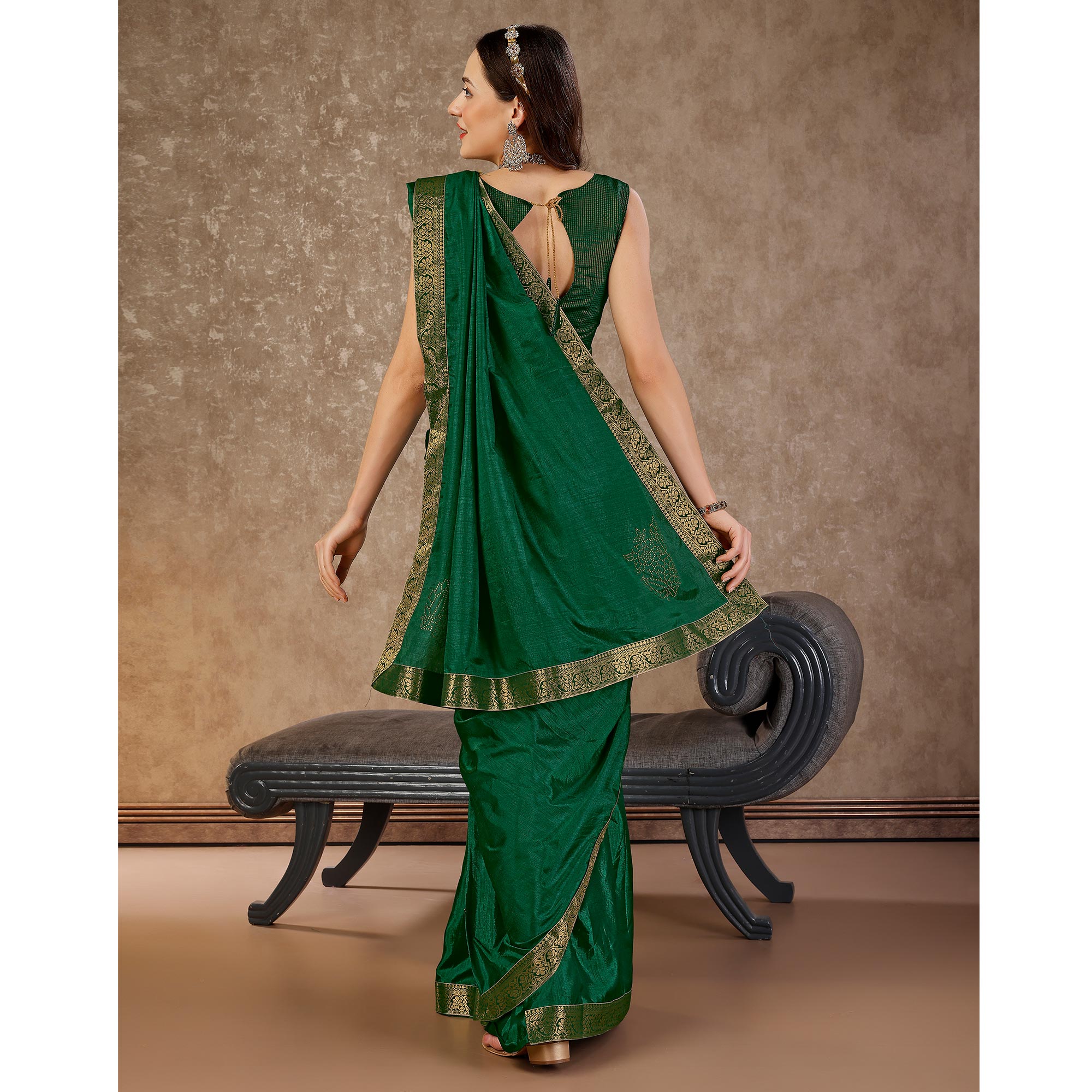 Green Floral Swarovski Work Vichitra Silk Saree With Lace Border