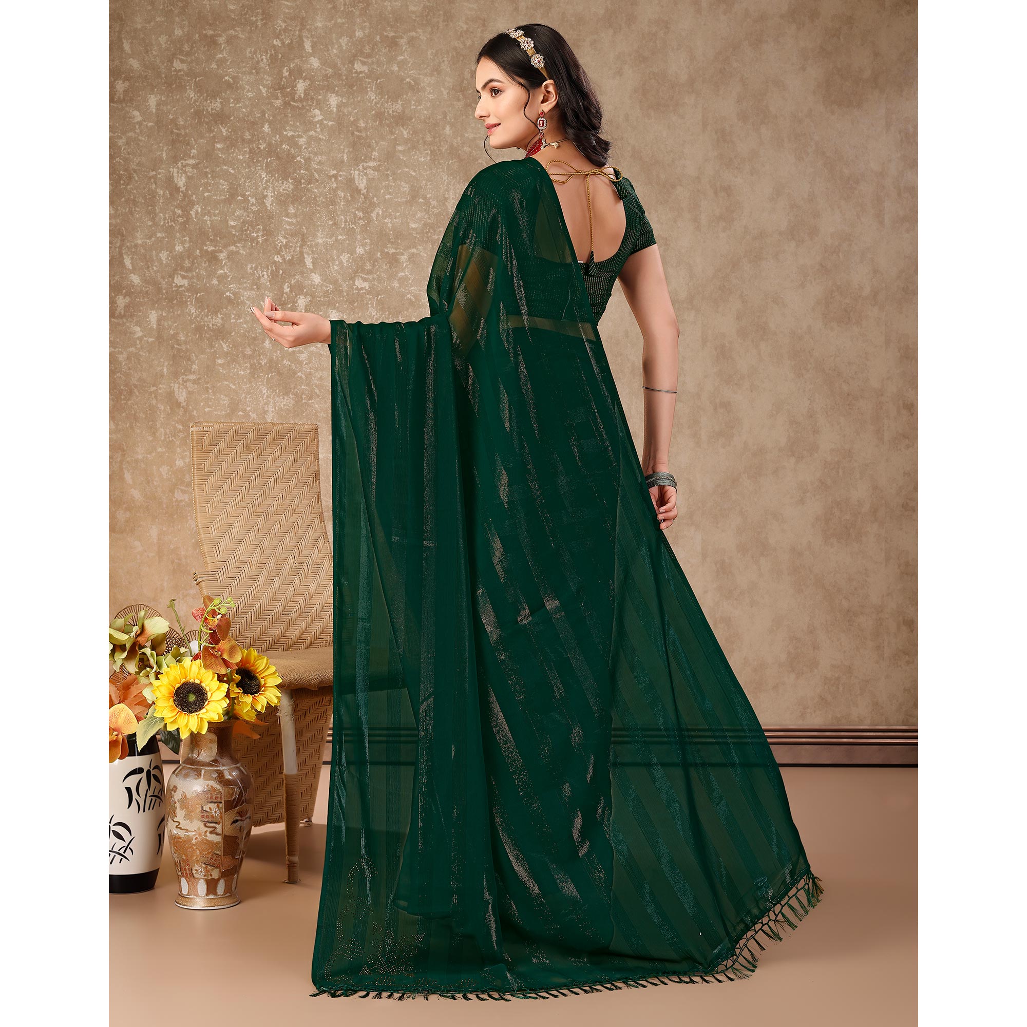 Green Swarovski Work Chiffon Saree With Tassels