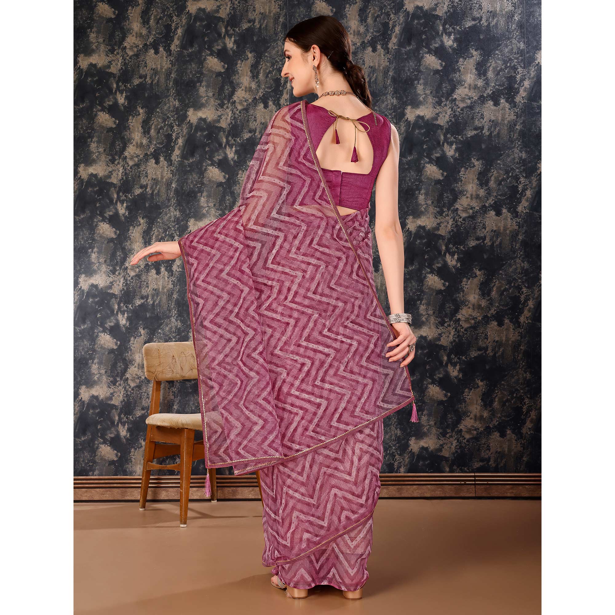 Purple Printed With Zari Work Cotton Silk Saree With Lace Border