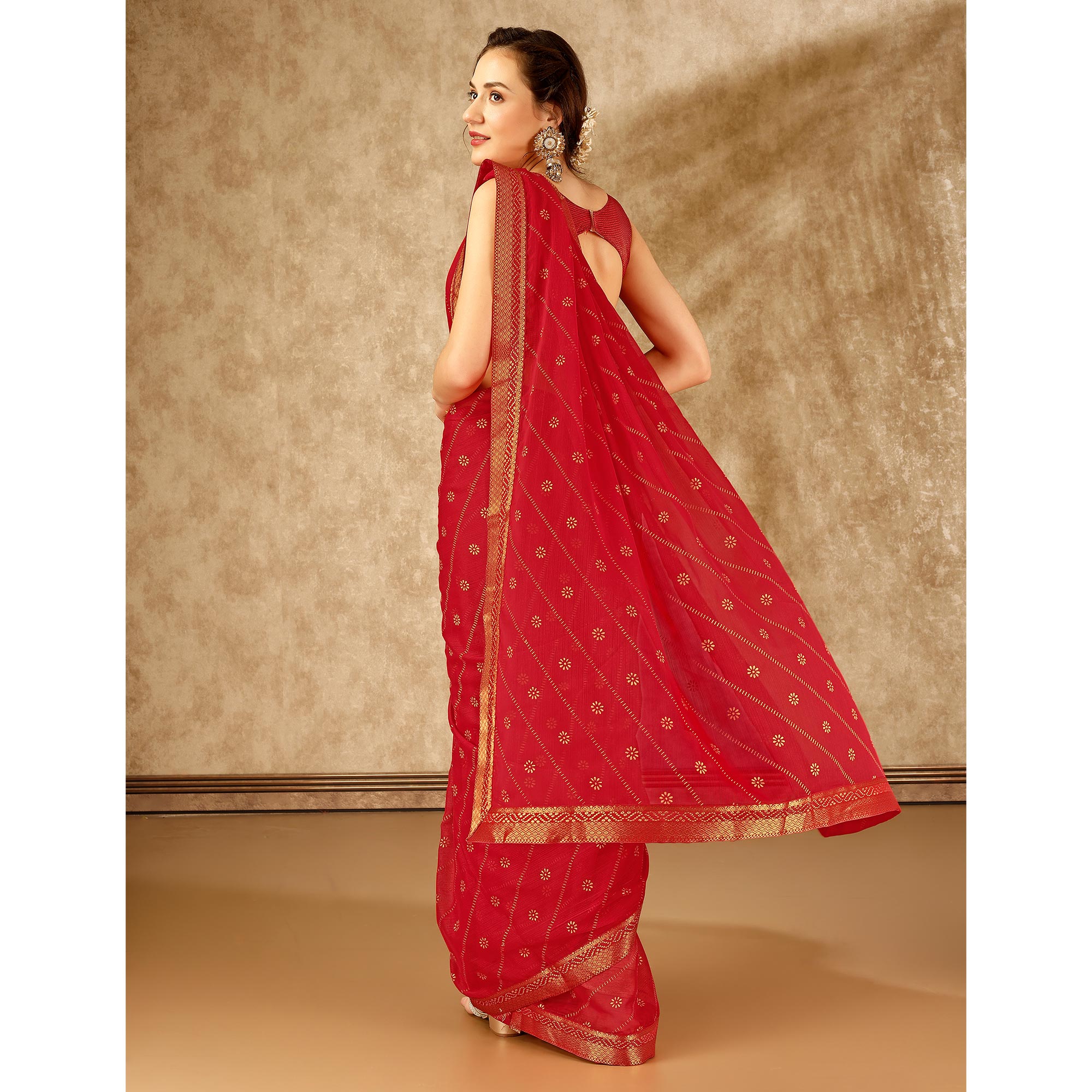 Red Floral Foil Printed Chiffon Saree With Lace Border